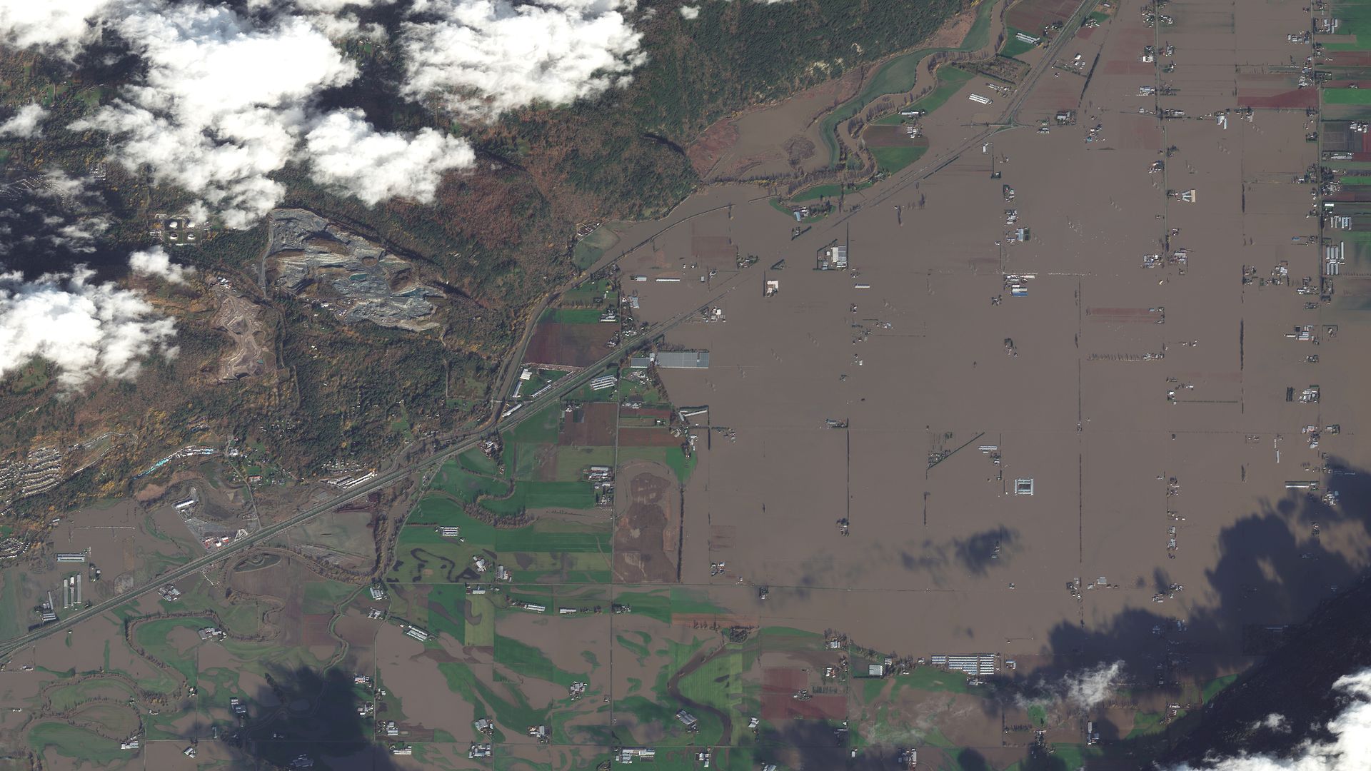 Satellite images taken last Friday of flooding in Sumas Prairie to the east of Abbotsford in British Columbia, Canada, near the border with the U.S., last Friday.