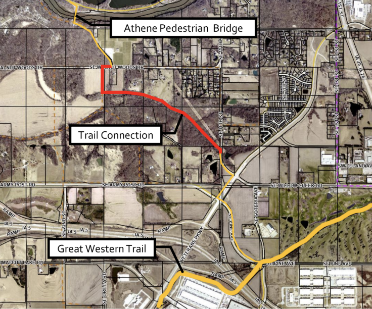A red line showing a proposed trail connection