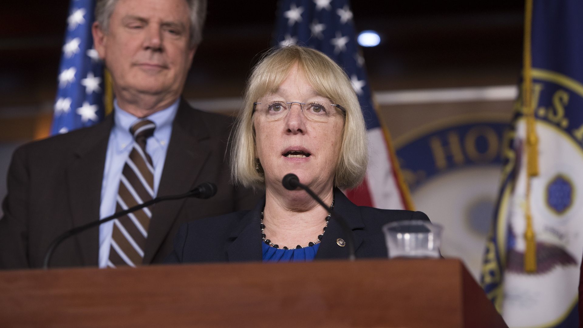 US Senator Patty Murray (R), Democrat of Washington, speaks at a podium.