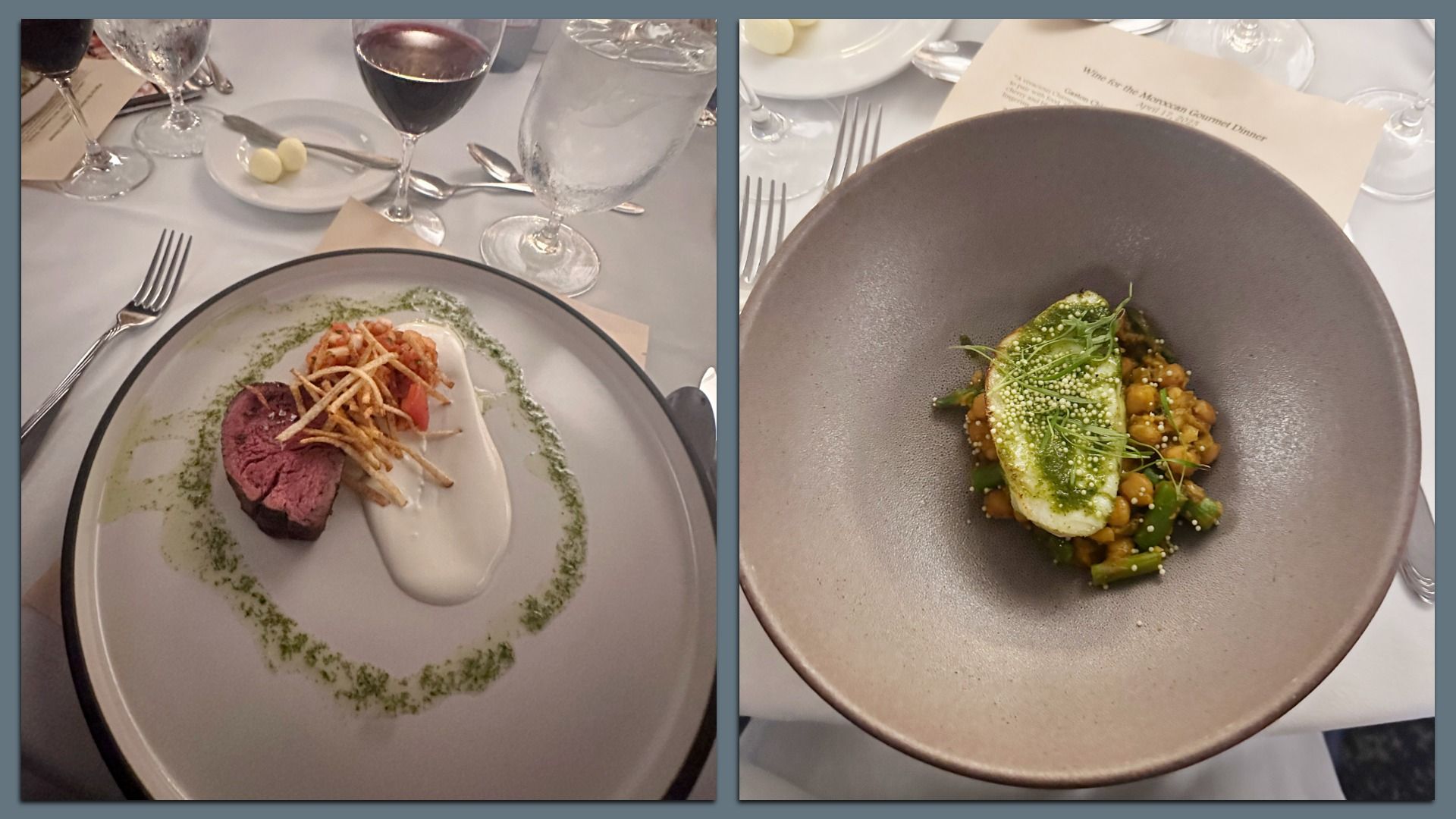 Two gourmet dishes: left plate has sliced medium-rare steak with crispy potato sticks, white sauce, and green herb drizzle. Right bowl holds a grilled fish fillet over chickpeas and green beans, garnished.