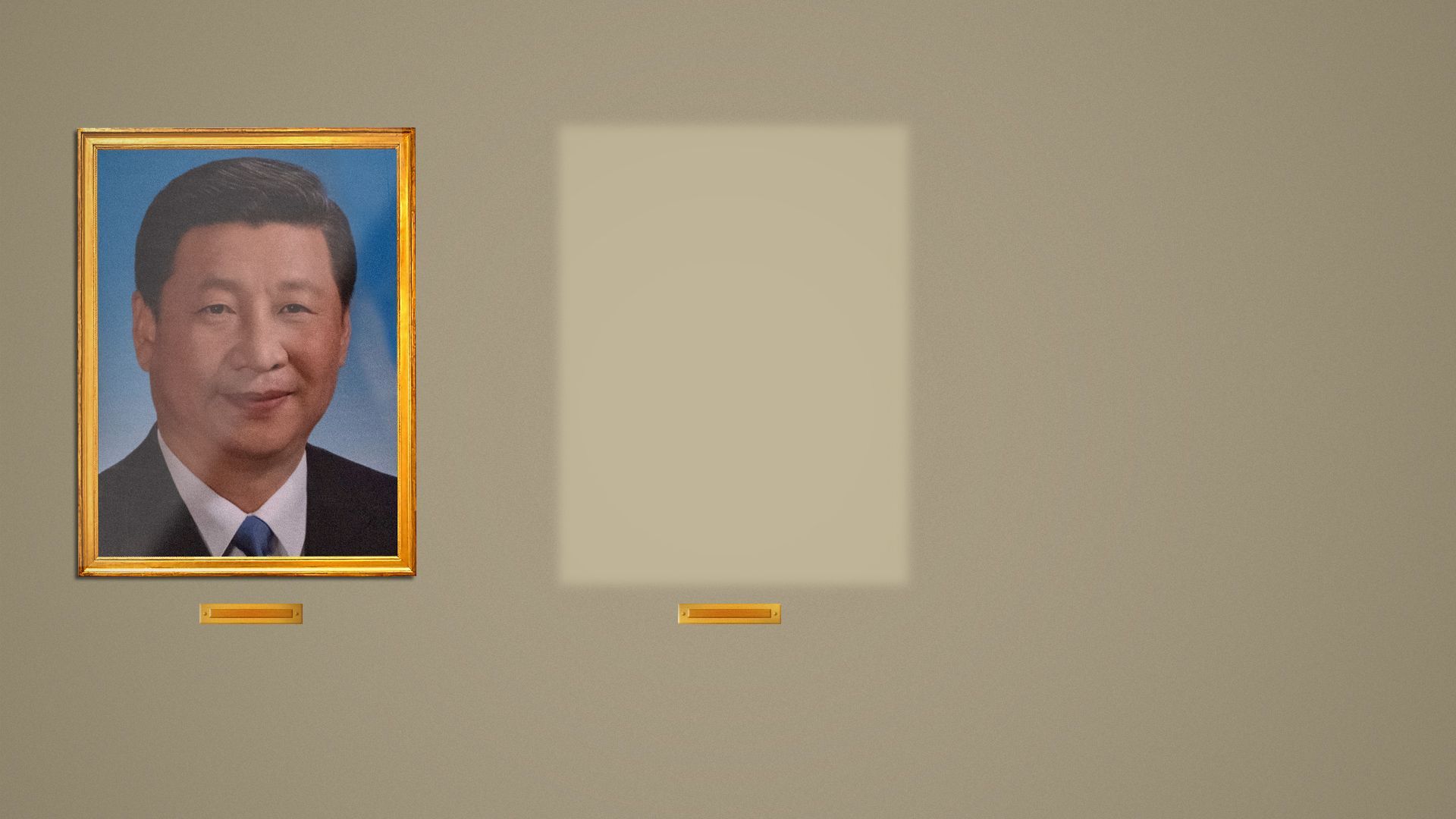 Photo illustration of a framed portrait of Xi Jinping hanging next to an empty space for a portrait on a wall. 