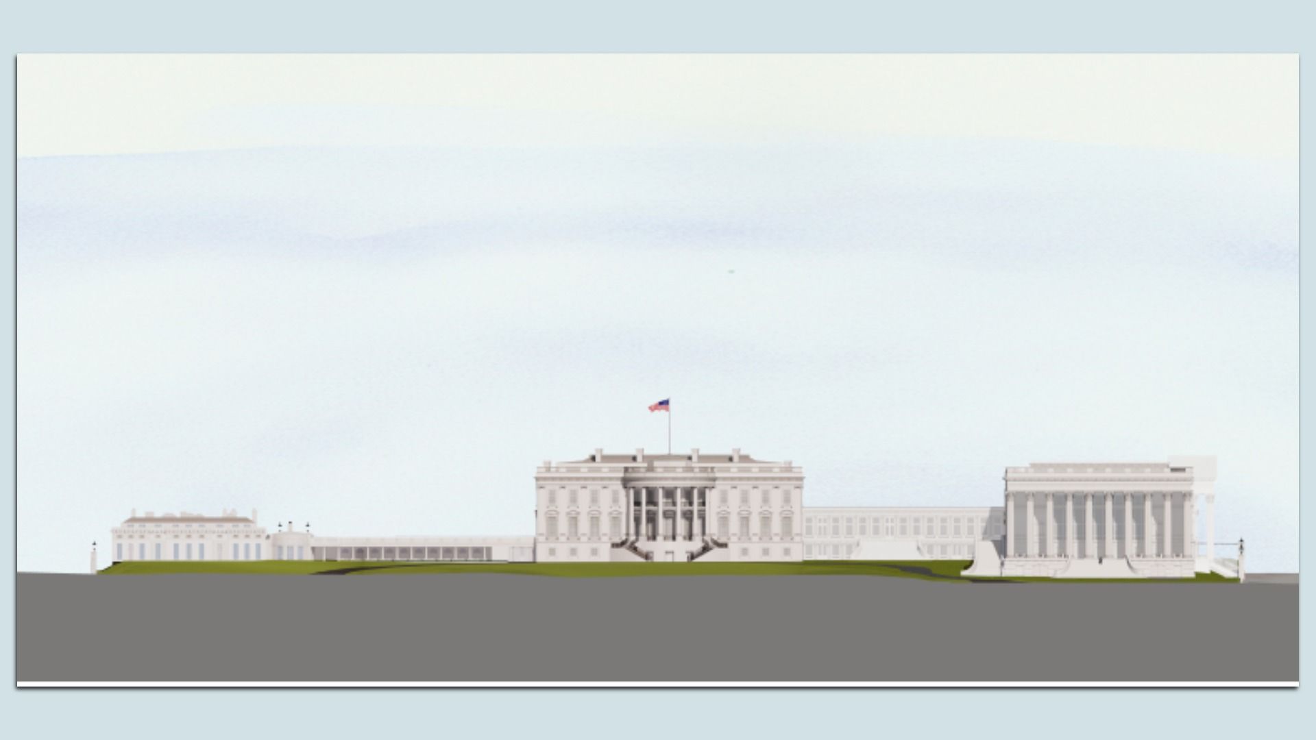 Illustration of the White House with the American flag on top, showing its central building flanked by two wings, including the new East Wing Ballroom, set against a pale blue sky and green lawn.