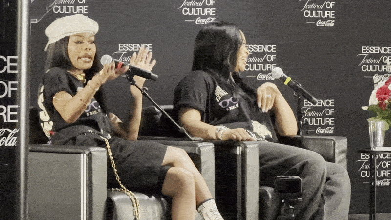 Image shows Teyana Taylor and Coco Gilbert talking on stage.