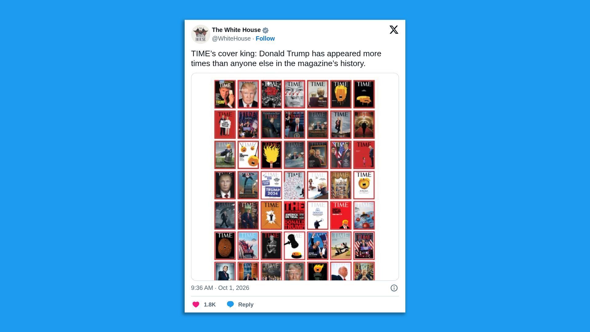 A screenshot of a White House post about the Time magazine cover. Screenshot: @WhiteHouse/X
