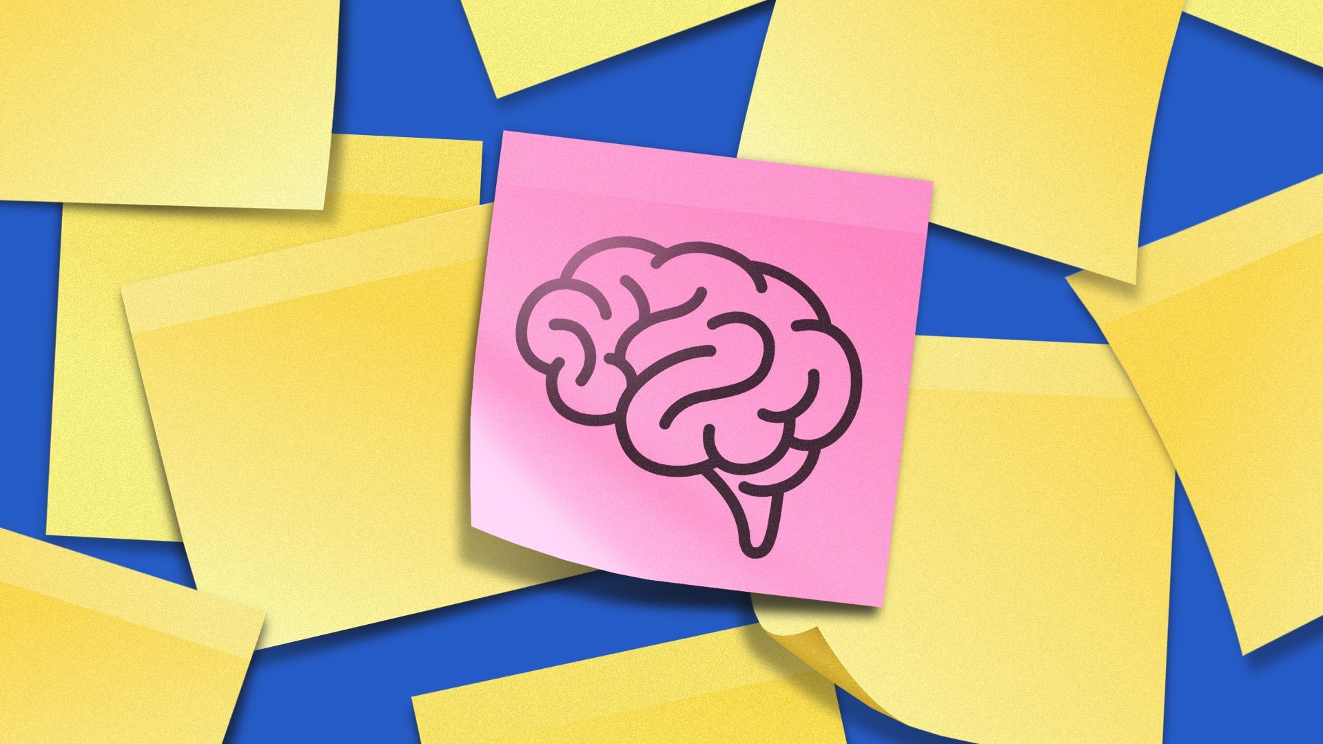 Illustration of many yellow sticky notes with a pink one in the center with a brain on it
