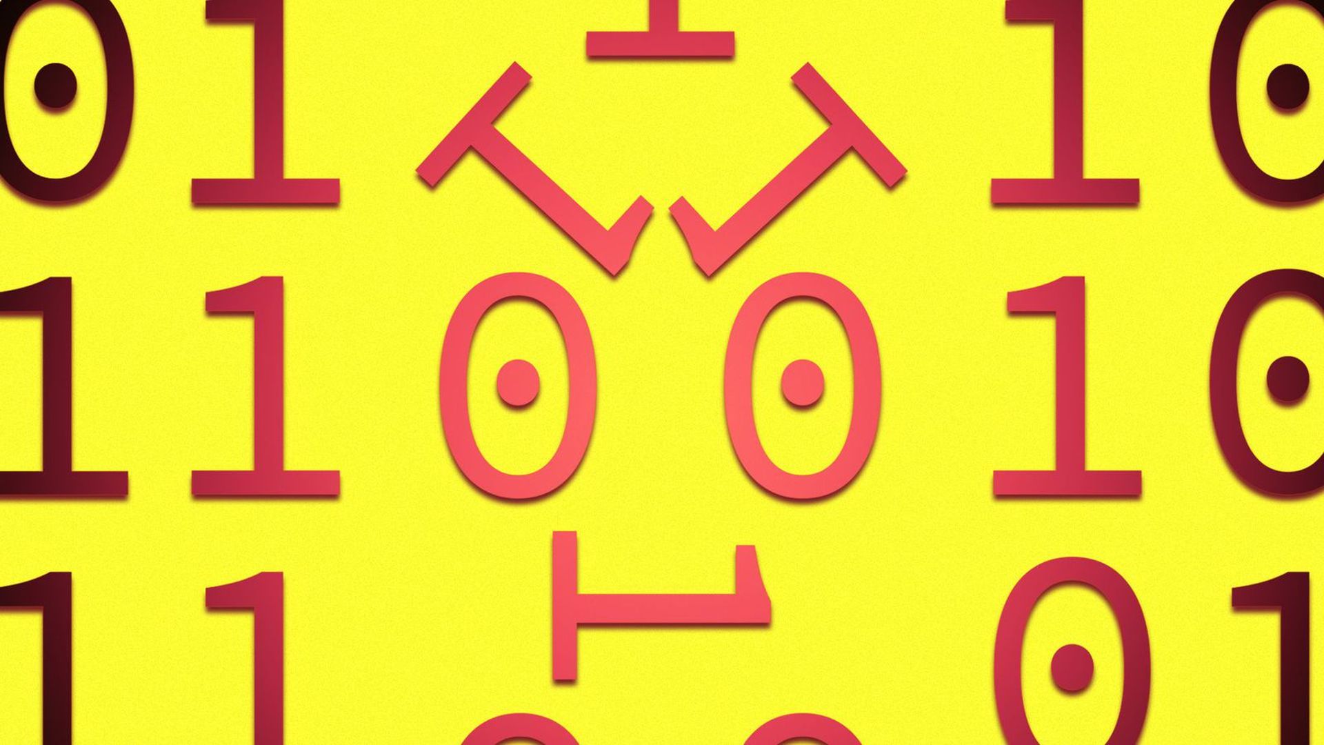 An illustration of ones and zeros forming an angry face.