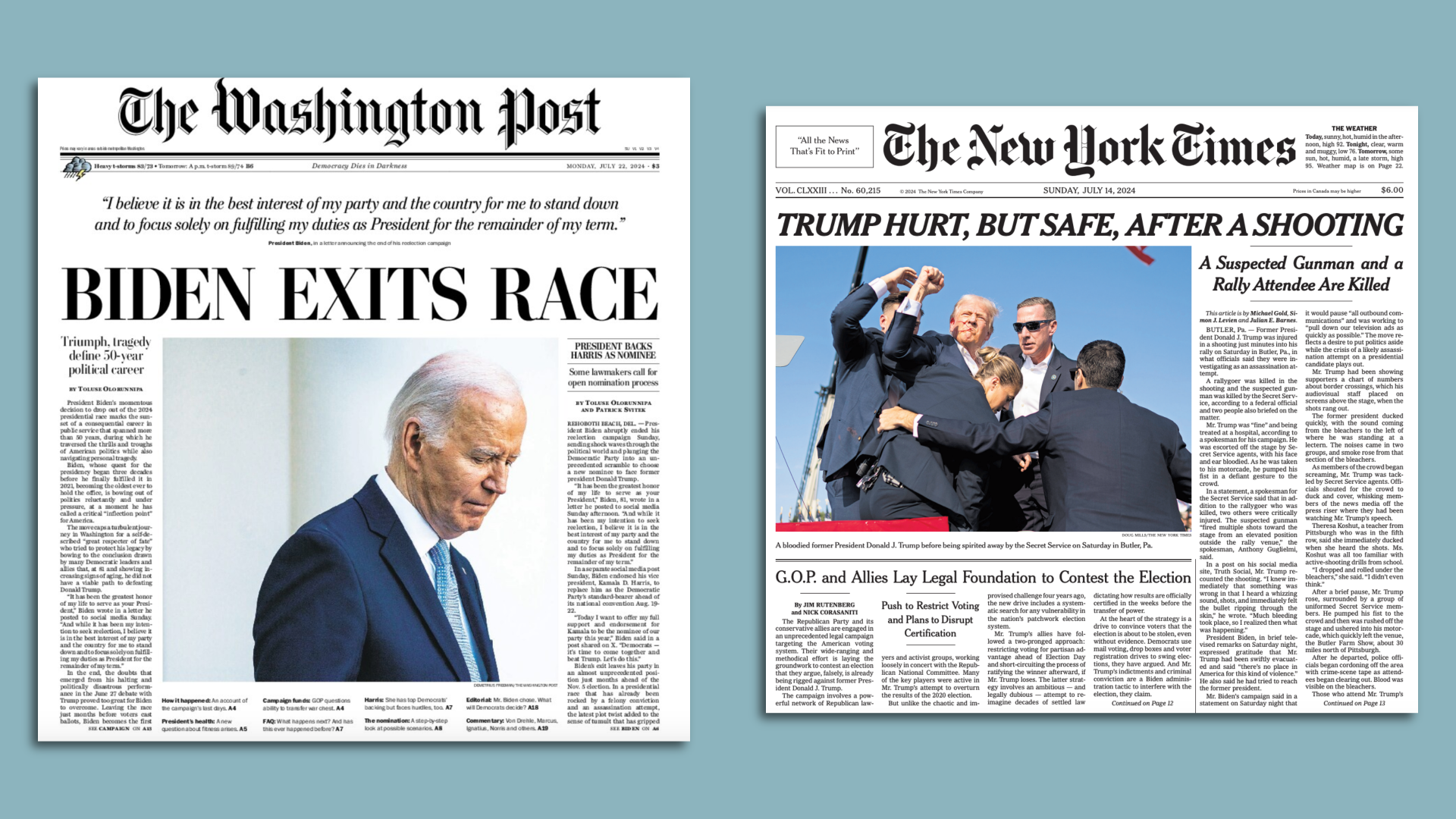 A Washington Post cover from Biden exiting the race. A NYT cover from Trump's first assassination attempt.