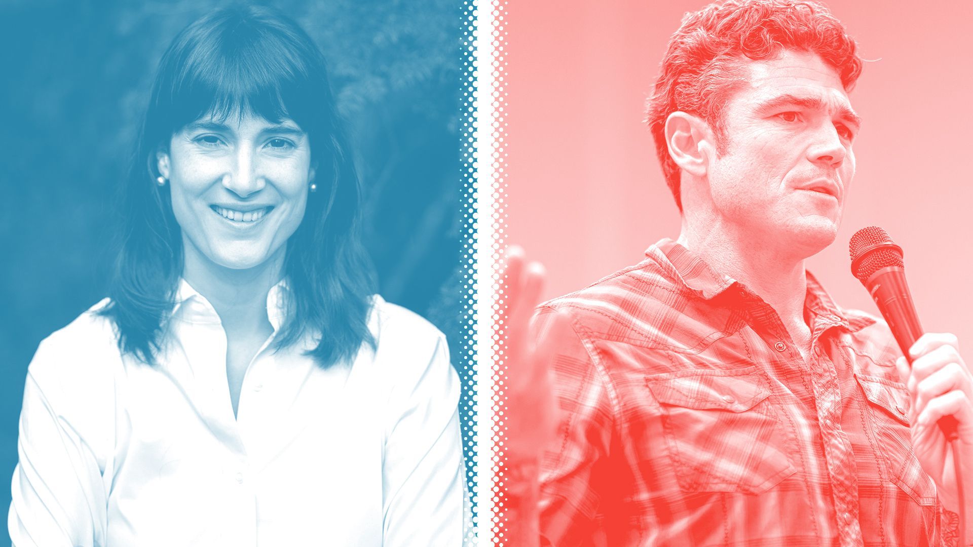 Photo illustration of Democrat Marie Gluesenkamp Perez and Republican Joe Kent