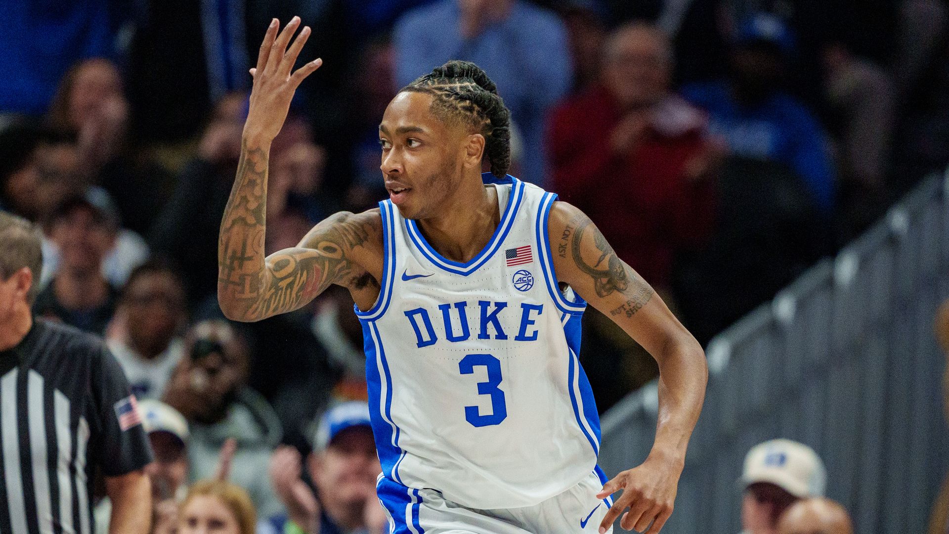 CHARLOTTE, NORTH CAROLINA - NOVEMBER 04: Isaiah Evans #3 of the Duke Blue Devils reacts in the first half against the Texas Longhorns at Spectrum Center on November 04, 2025 in Charlotte, North Carolina. (Photo by Jacob Kupferman/Getty Images)
