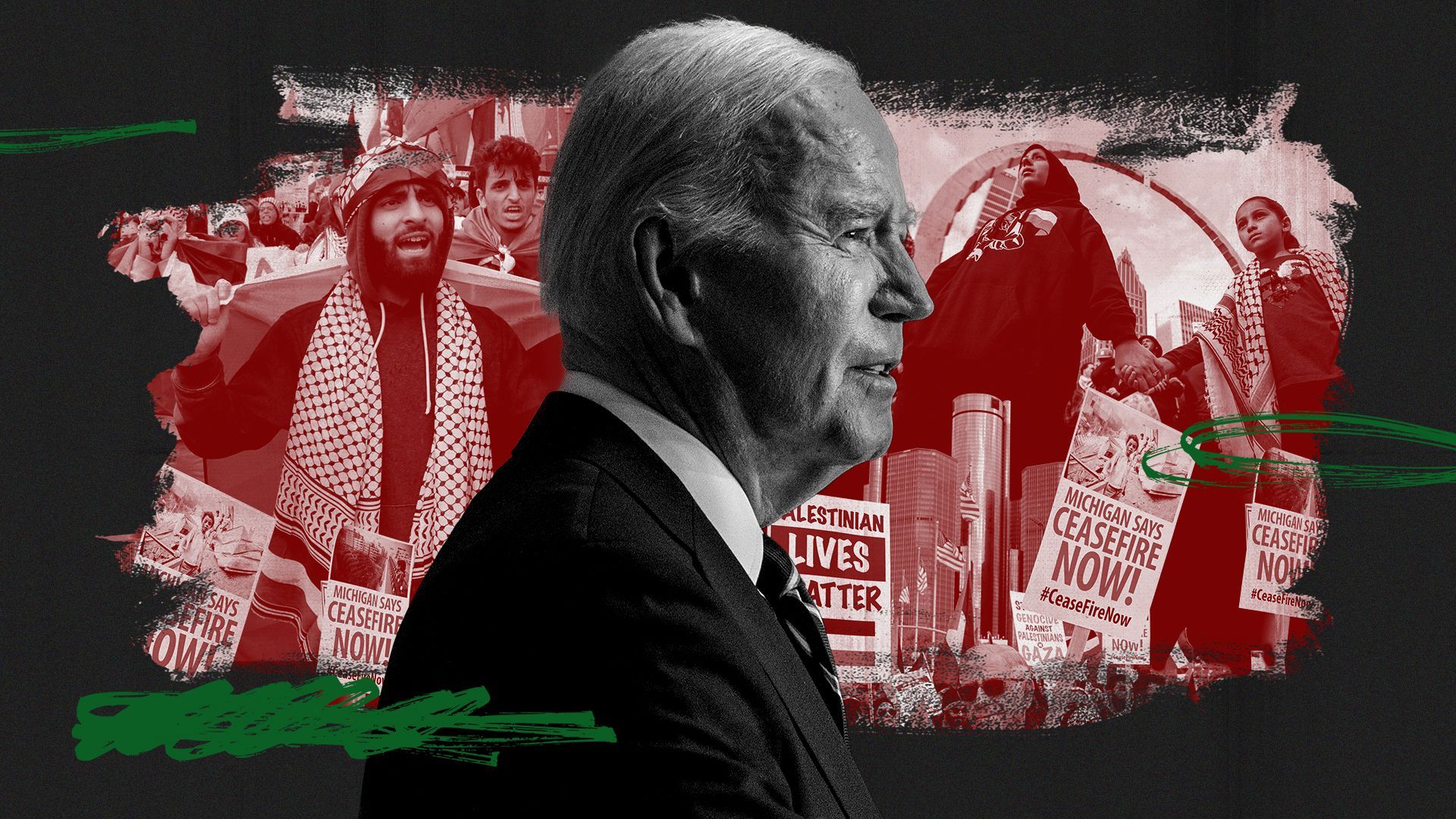 Photo illustration of President Biden collaged with Arab and Pro-Palestine protestors. 