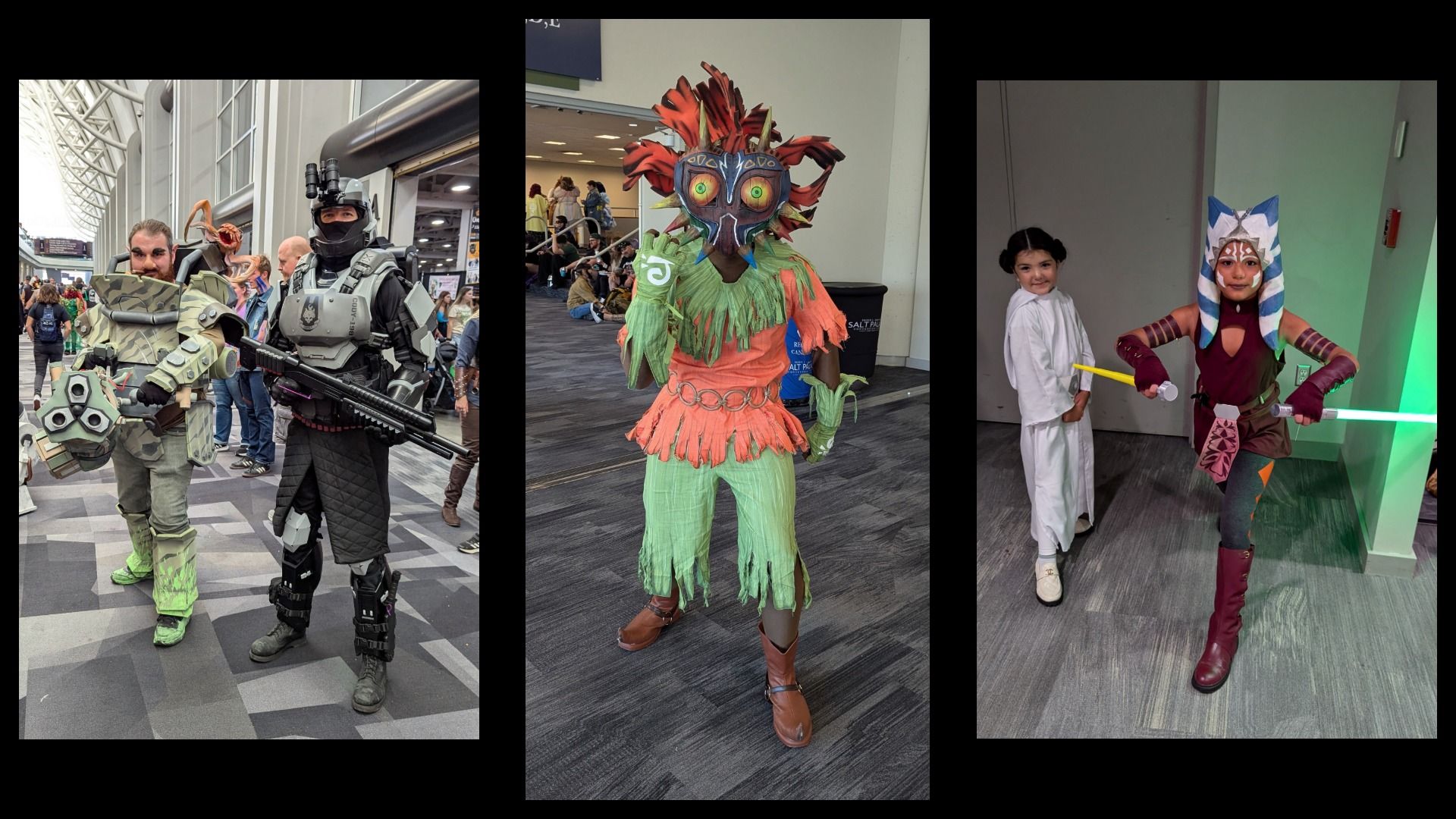 Three portraits of people in costumes, including robots a masked dancer and star wars characters