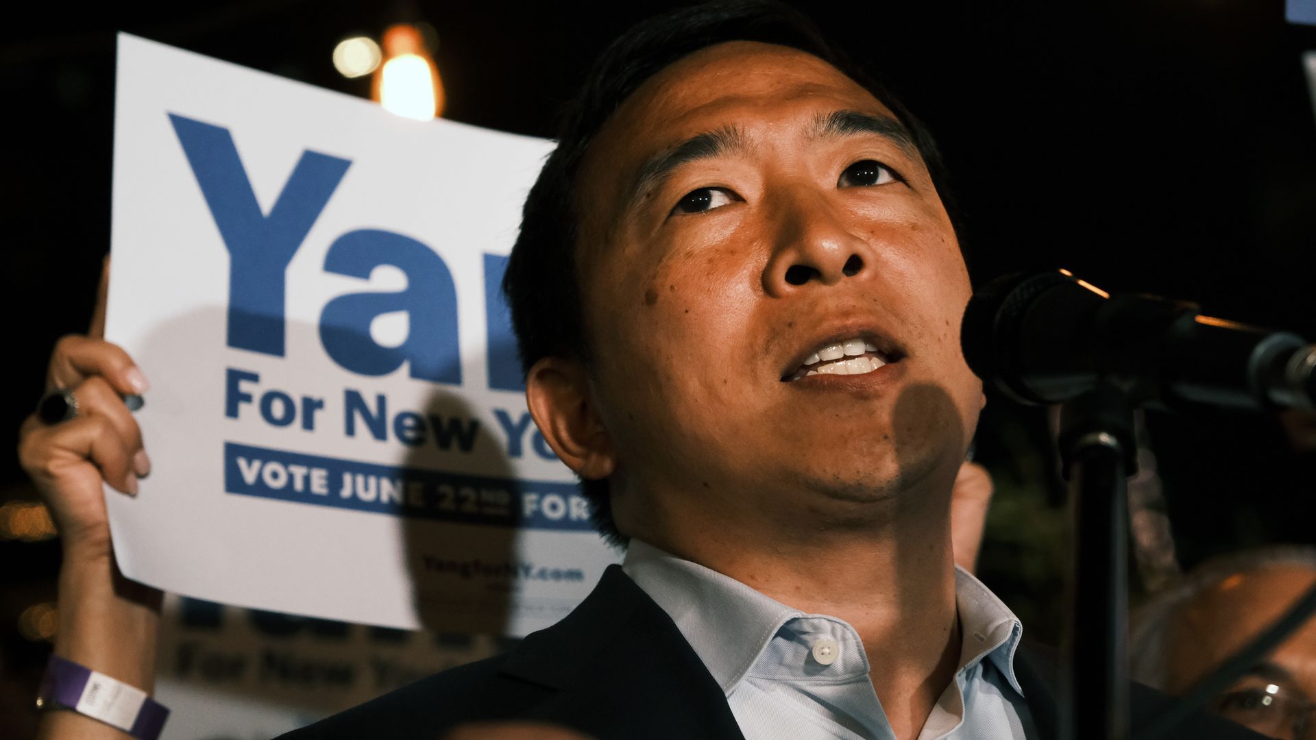  Mayoral candidate Andrew Yang greets supporters at a Manhattan hotel as he concedes in his campaign for mayor on June 22, 2021 in New York City. 
