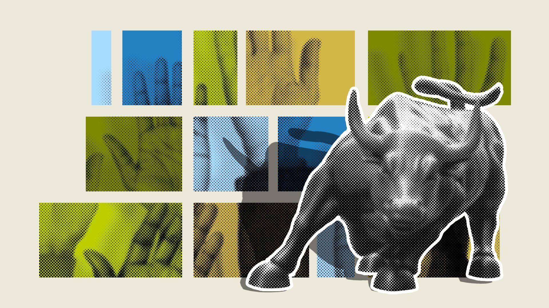Illustration a diverse array of raised hands behind the Wall Street bull statue