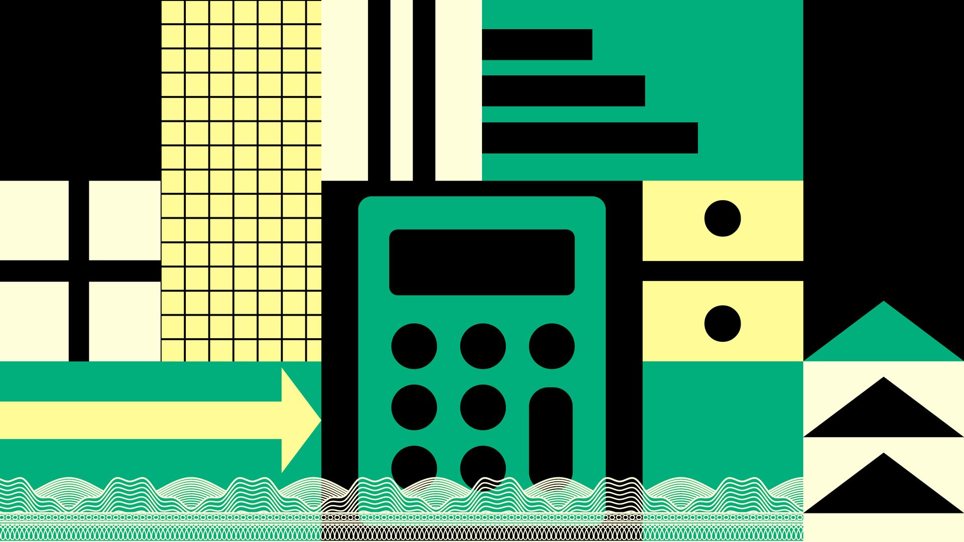 Illustration of a calculator, arrows, math symbols, and abstract patterns in a grid.