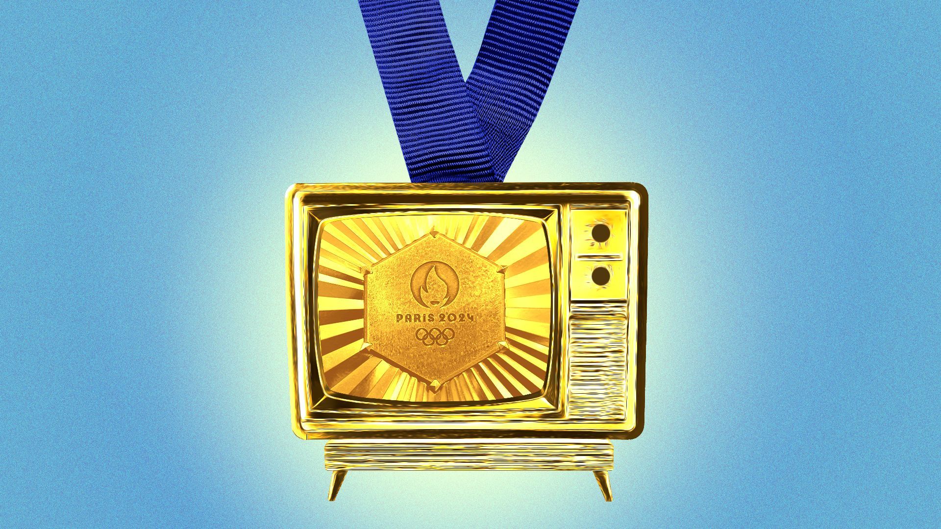 Photo illustration of a Paris Olympics gold medal shaped television.