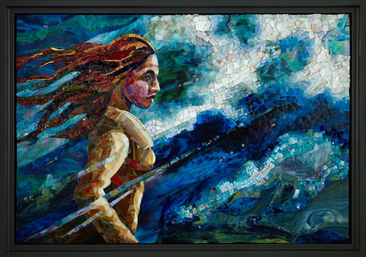 Colorful mosaic portrait of a woman facing right, with flowing hair made of tile fragments, set against a blue storm and turquoise, mountain-like background.