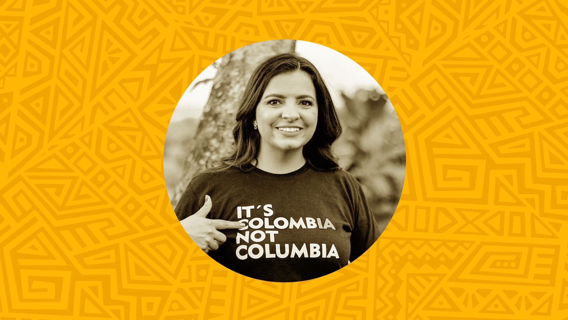 Photo illustration of Karol Hernández in a circular frame surrounded by a patterned background.