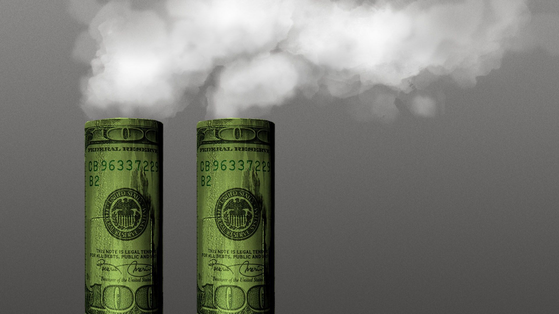 Illustration of two hundred dollar bills shaped like billowing smoke stacks