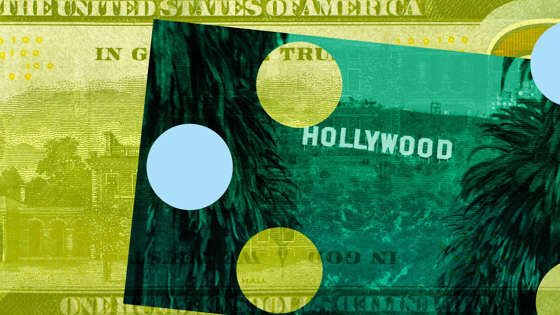 Photo illustration of the Hollywood sign surrounded by circles and money elements.