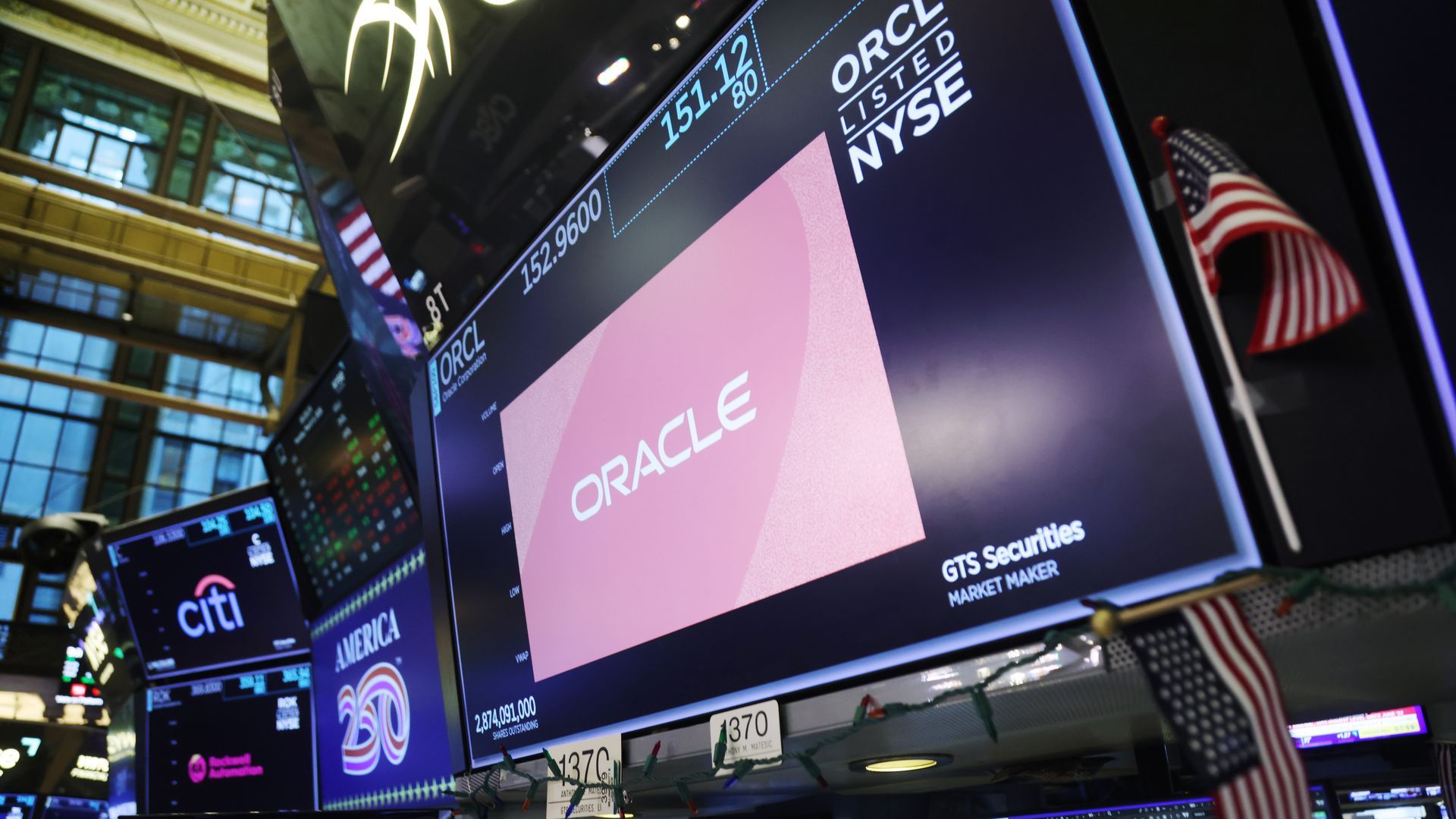A large stock market display featuring the Oracle logo on a pink tile, with the words "NYSE" and "Oracle Listed NYSE"; flags and other screens visible in the busy trading floor.