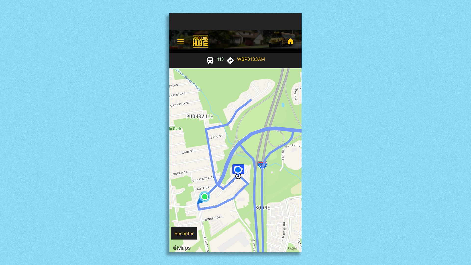 A screen showing a map of a student's ride on a school bus.