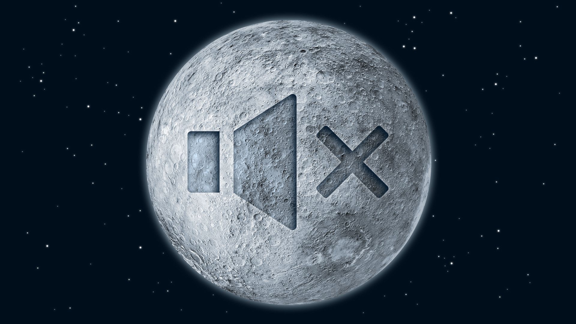 Illustration of the moon with an impression of a muted speaker icon on its surface 