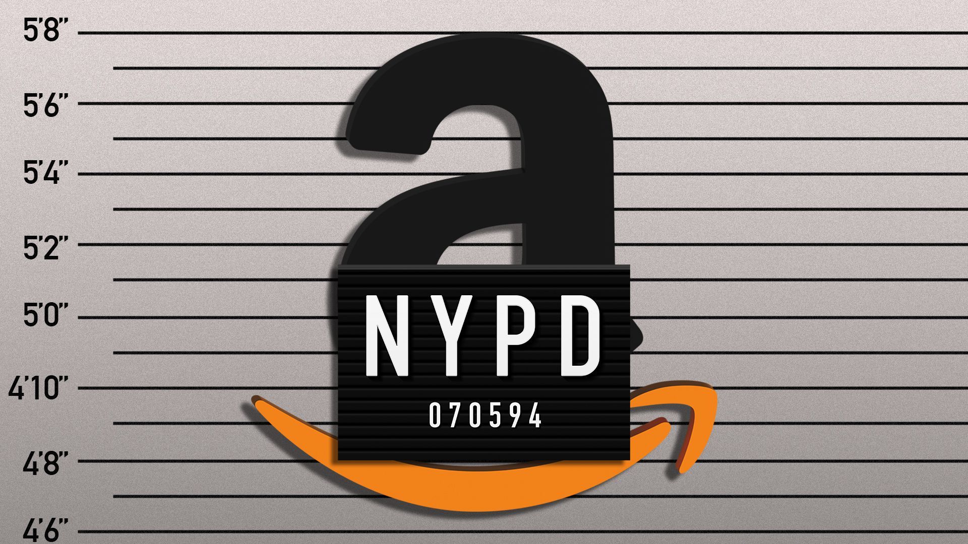 Illustration of the Amazon logo taking a mugshot photo holding a board that reads "NYPD 070594".