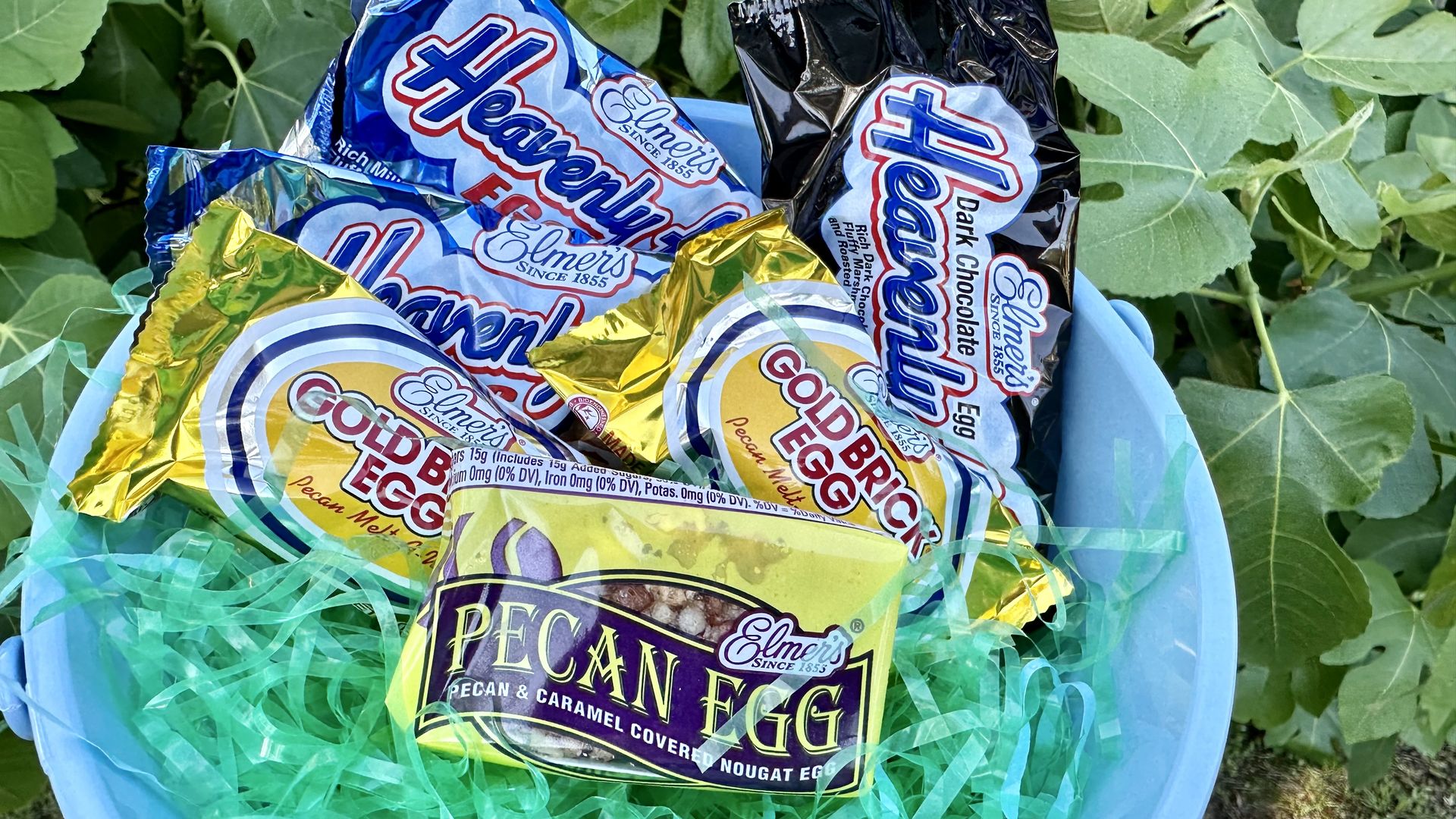 Photo shows a variety of Elmer's candy, including a pecan egg, a gold brick egg and heavenly hash eggs.