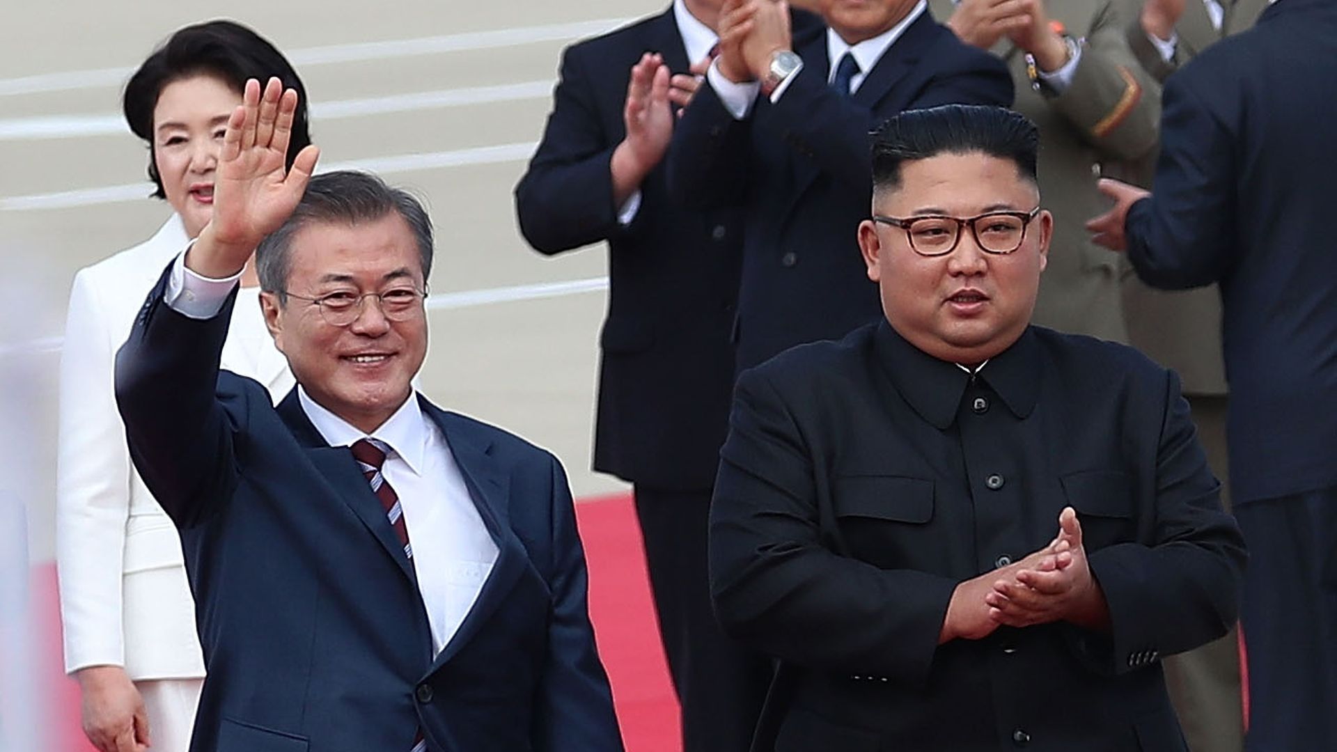 North Korean Leader Kim Jong Un meets with South Korean President Moon Jae-in for the Inter-Korean Summit at Pyongyang Sunan International Airport on September 18, 2018.