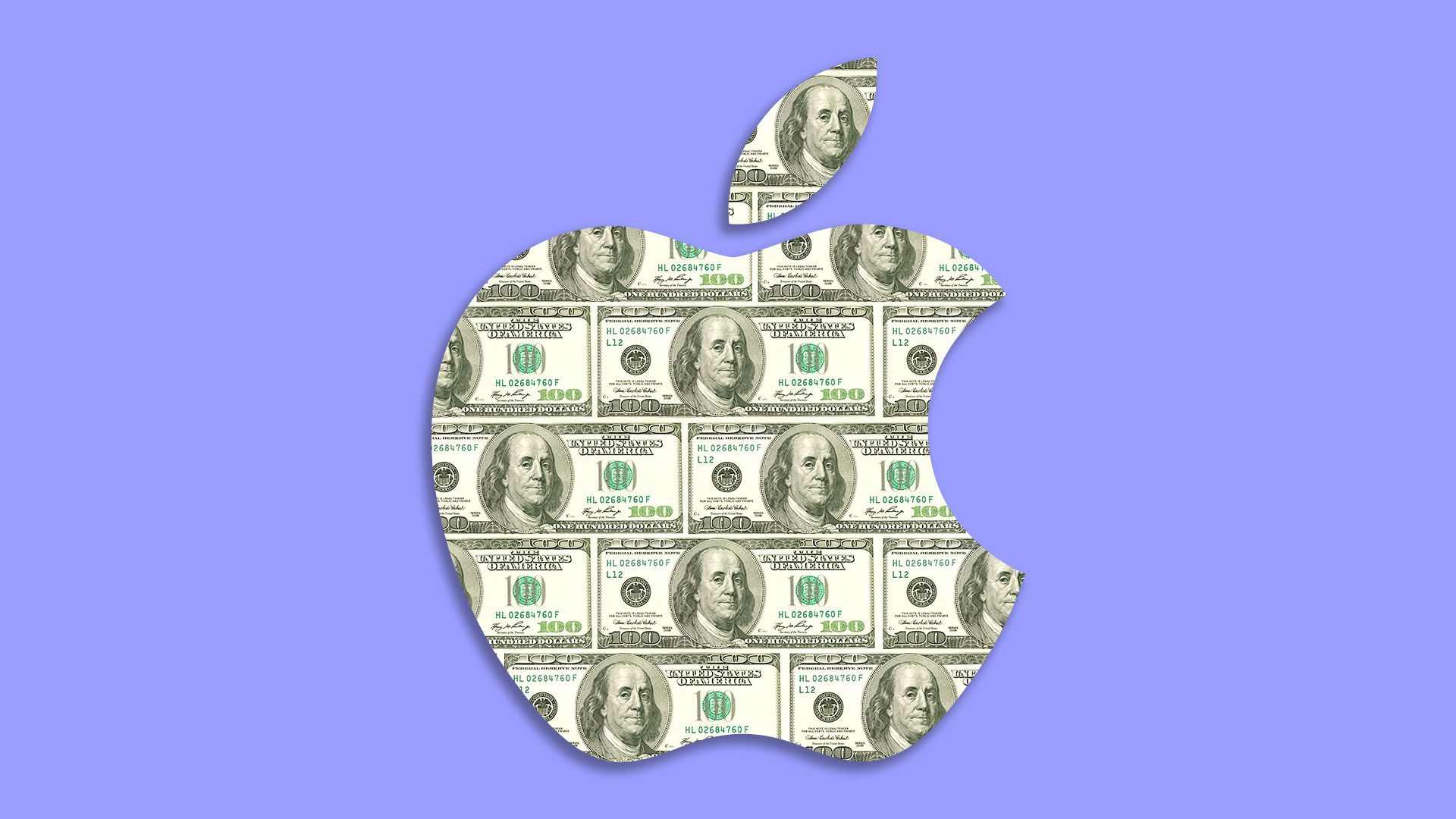 Illustration of the Apple logo made out of a repeating hundred dollar bill pattern. 