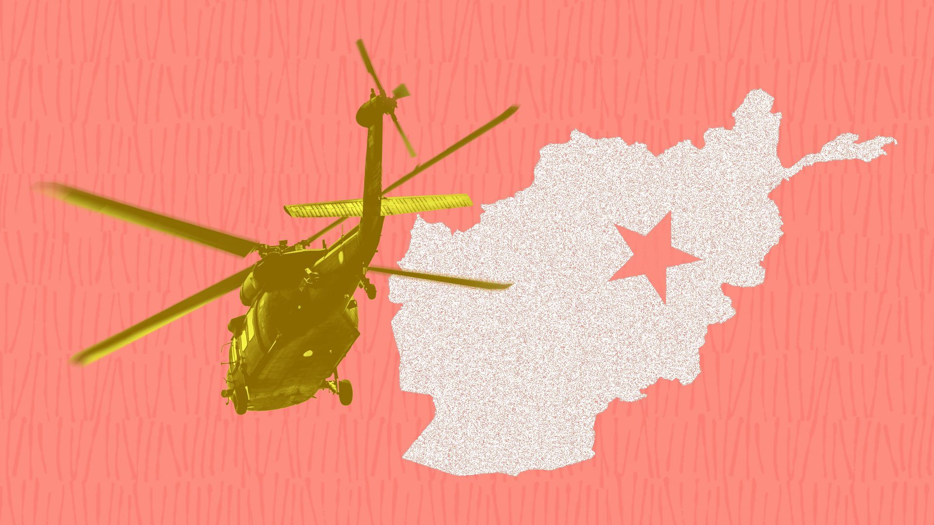 Illustration of a helicopter flying next to a map of Afghanistan