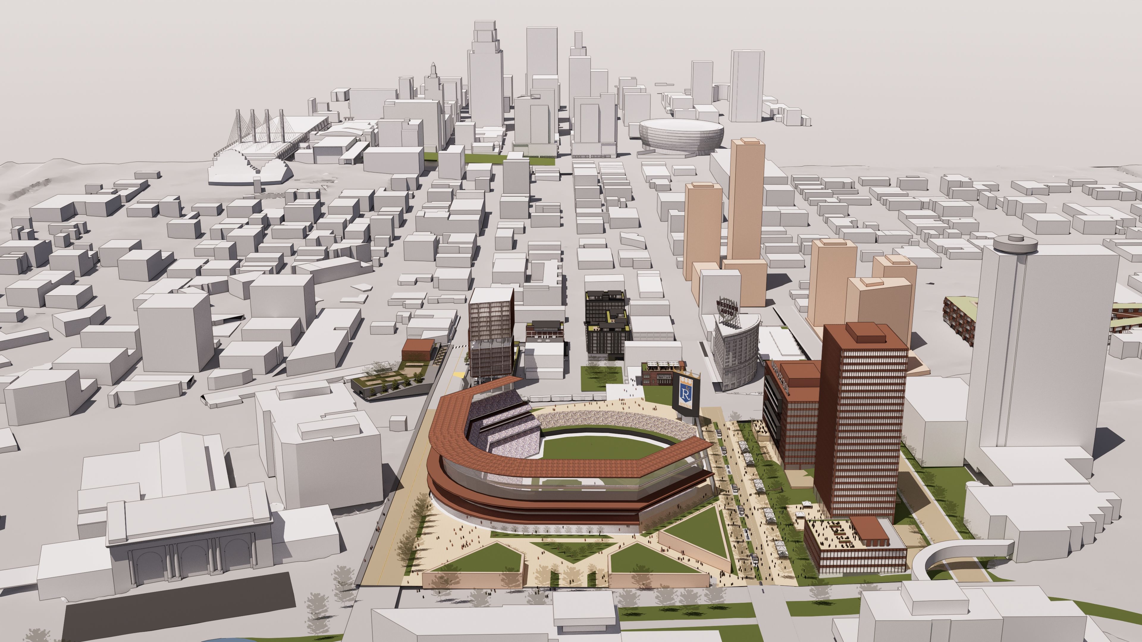 3D architectural model of a city with a central large stadium, surrounding buildings in gray, brown, and beige, green patches of grass, and various high-rise structures in the background.