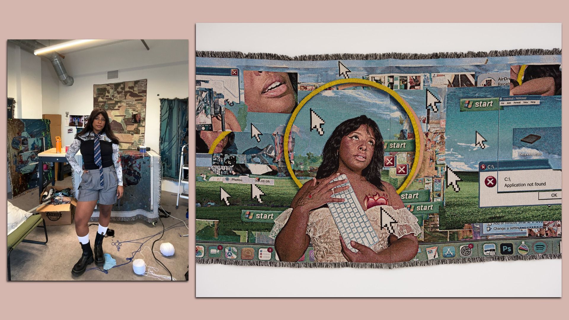 A person stands in an art studio on the left; on the right is a tapestry with a woman holding a keyboard, amidst Windows error messages, cursor icons, and start menus against a blue sky.