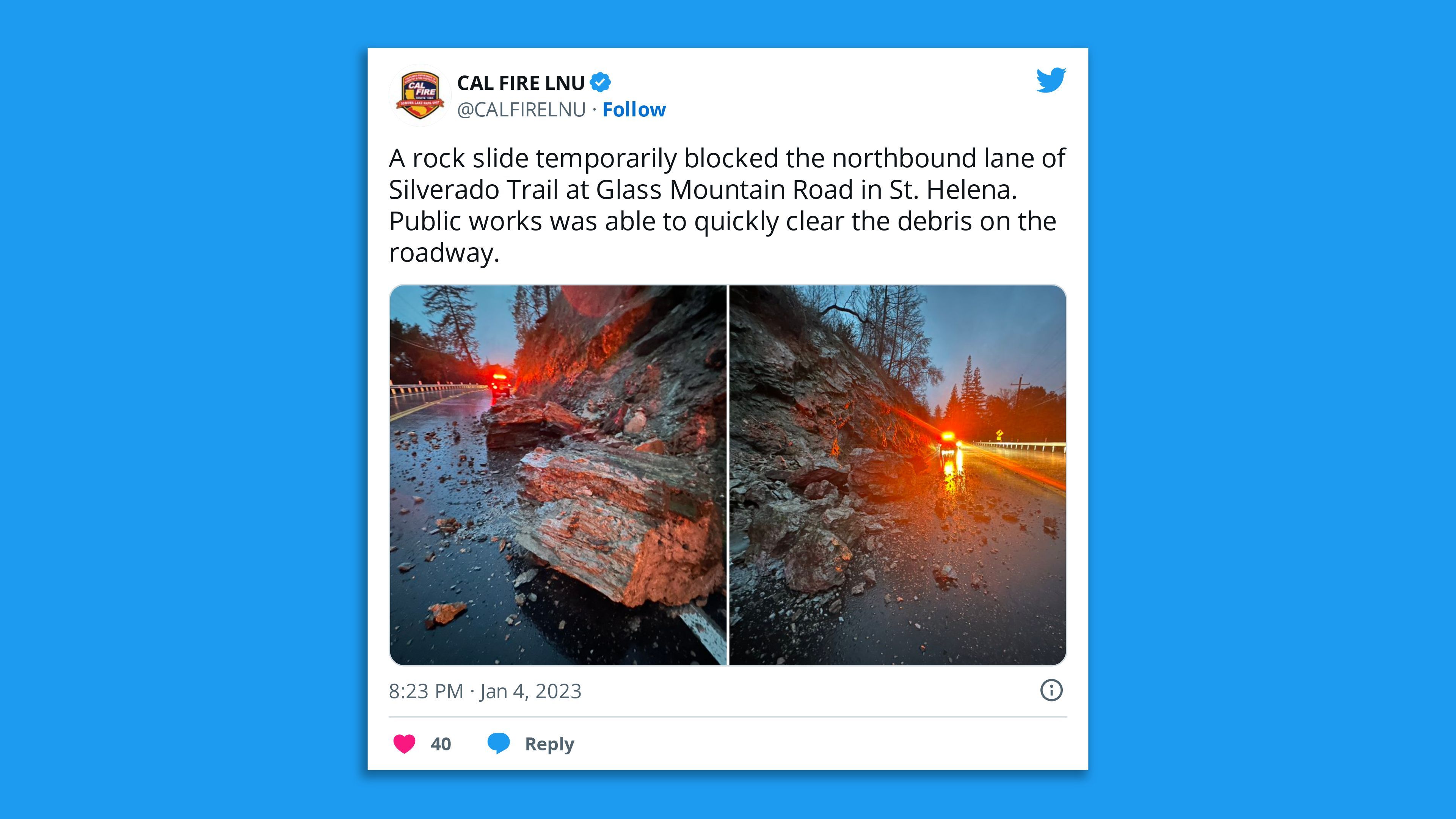 A screenshot of a Twitter image showing a rockslide in the Bay Area of California on Jan. 4.