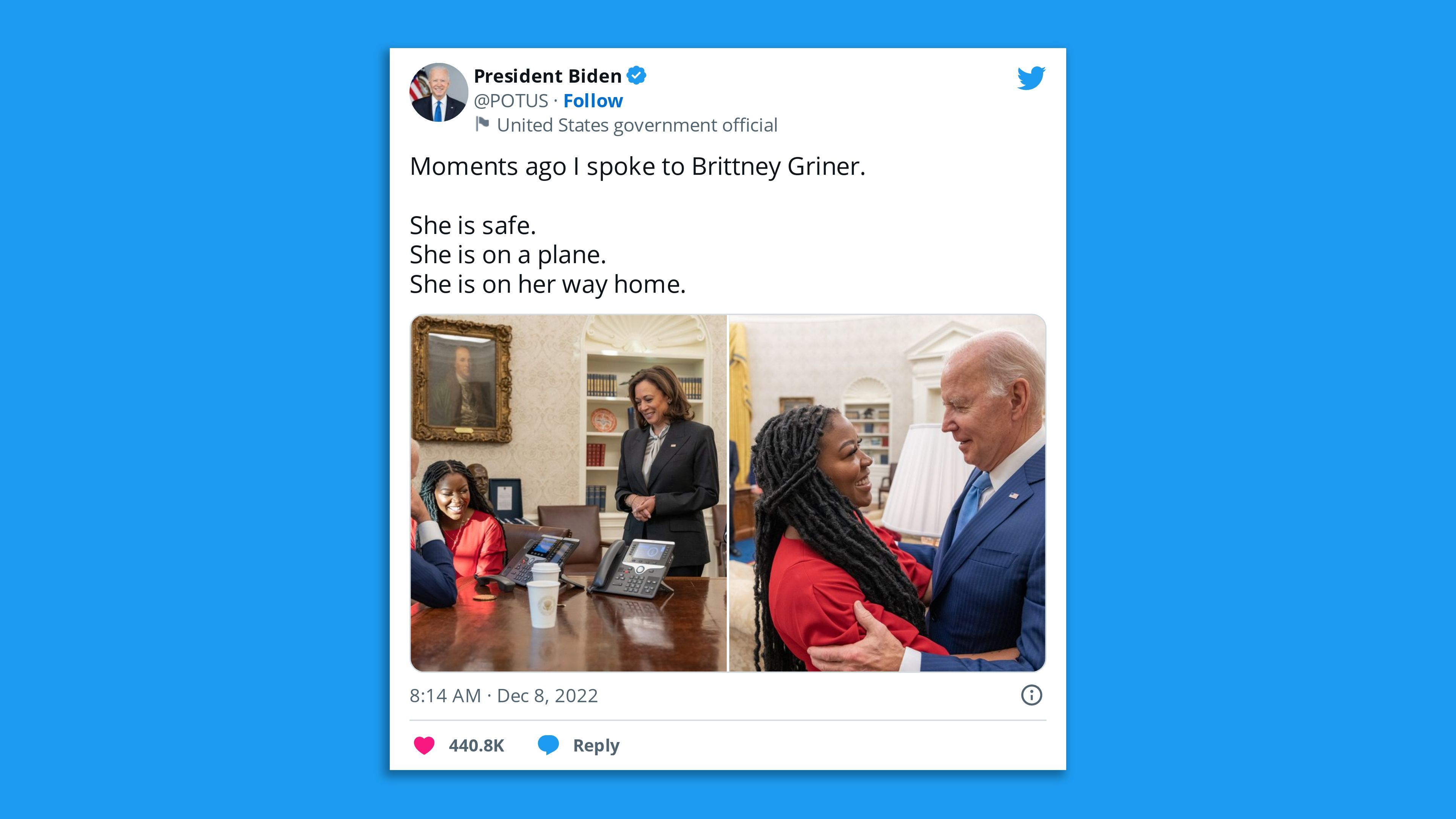 A Twitter screenshot shows images of President Biden and Vice President Kamala Harris with Britney Griner's mother.