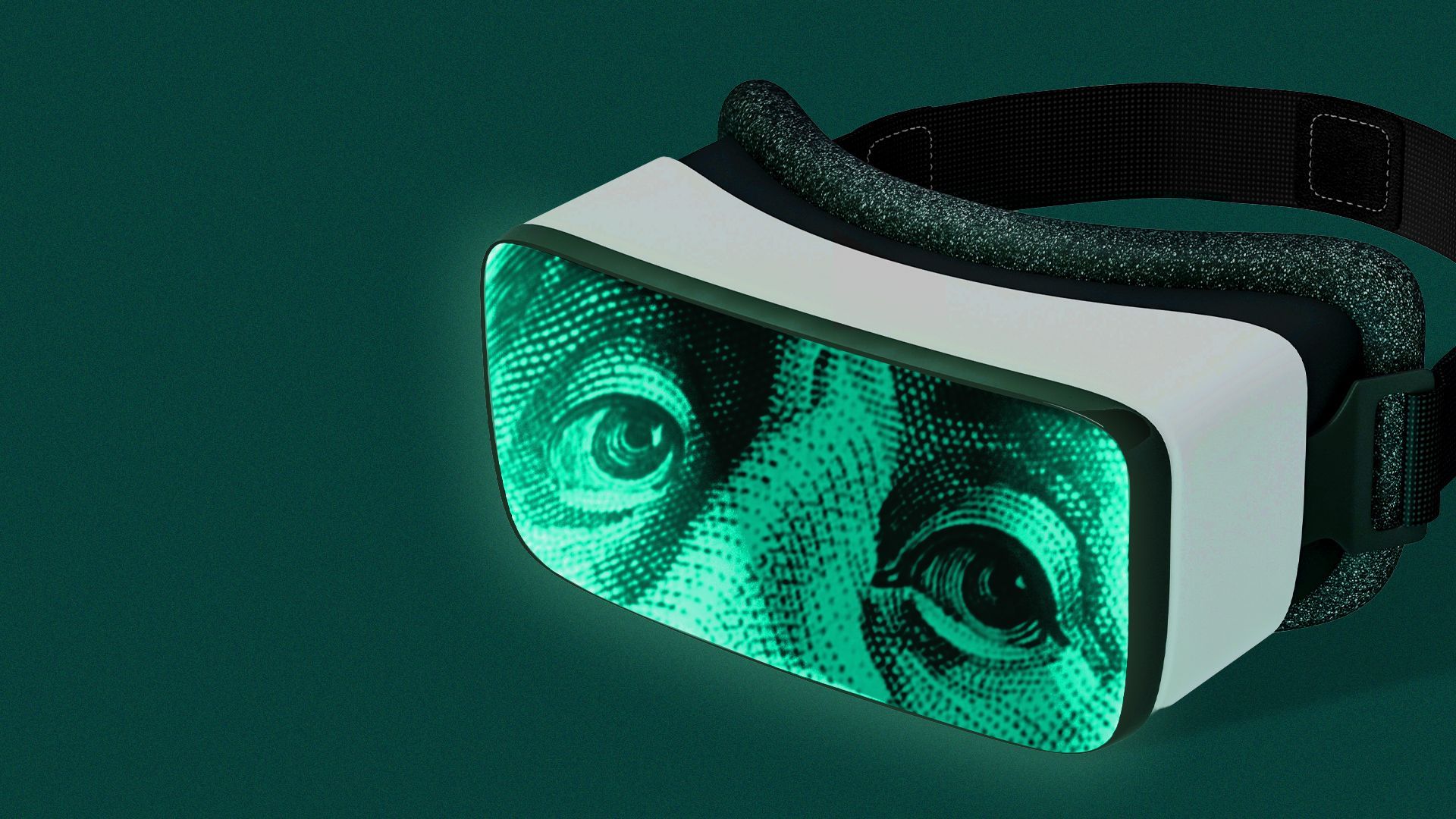 Illustration of a VR headset with Benjamin Franklin's eyes glowing in the lens.
