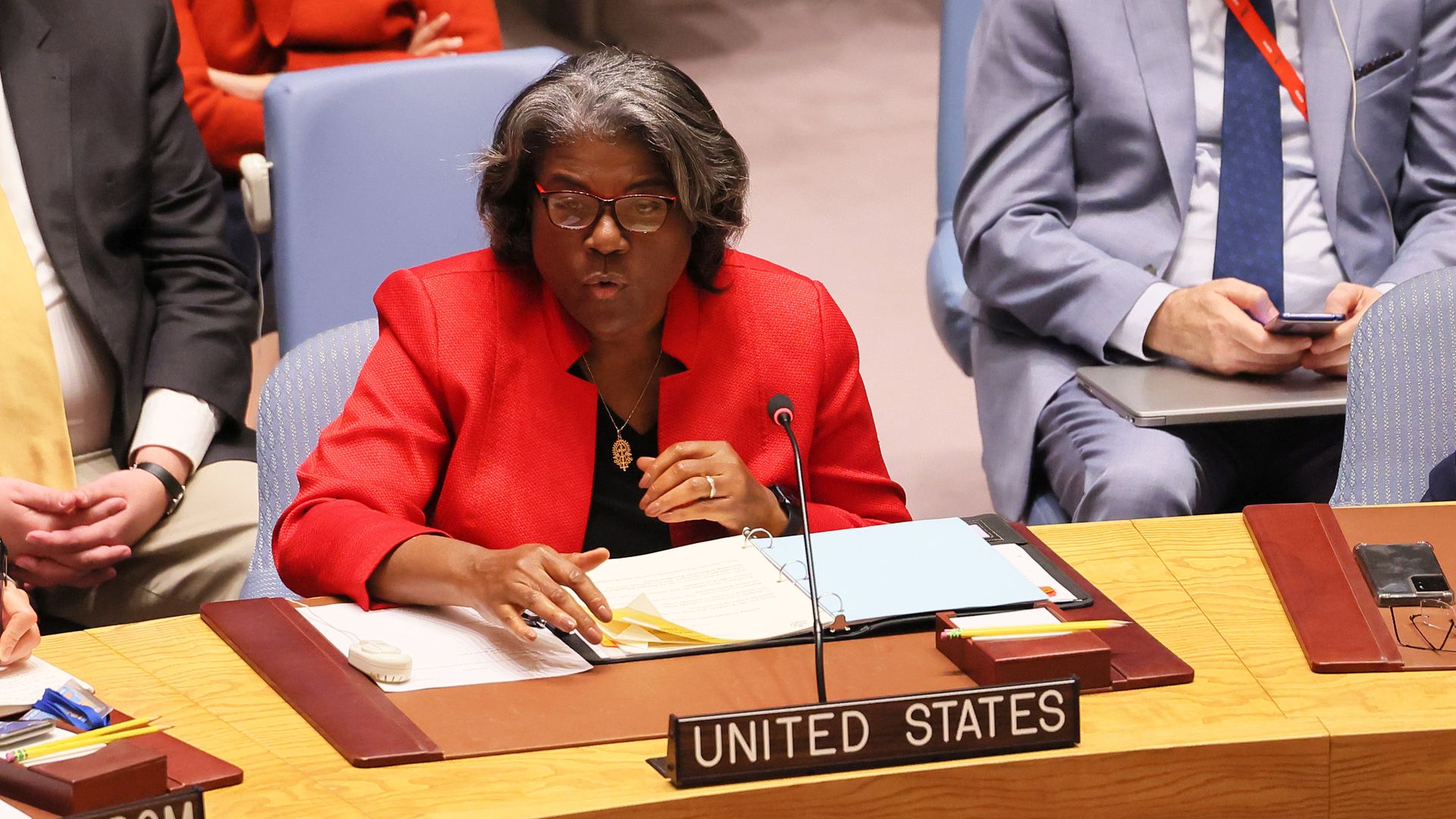 U.S. Ambassador to the UN Linda Thomas-Greenfield speaks during a UN Security Council meeting at the United Nations Headquarters on October 27, 2022 in New York City. 