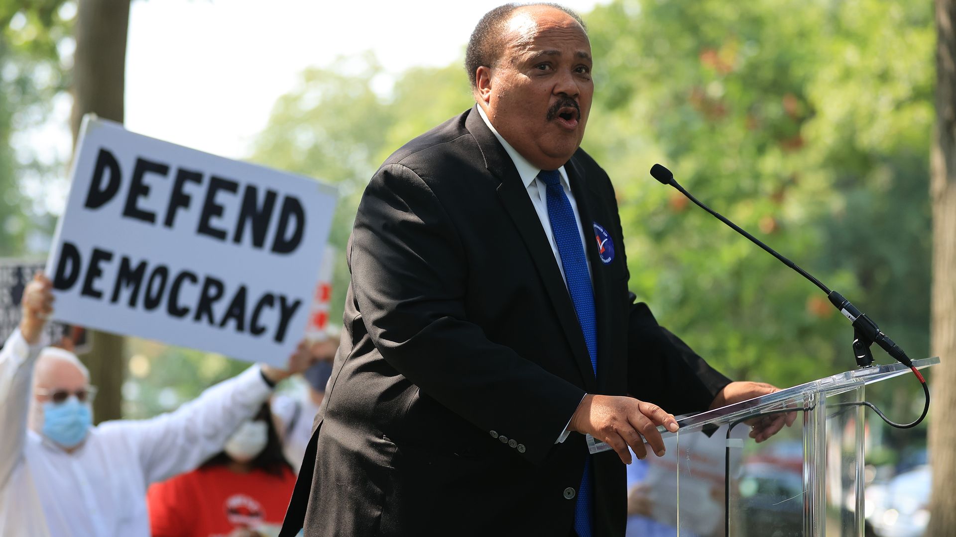 Martin Luther King III addresses a 'Let's Finish the Job for the People' rally near the U.S. Capitol on September 14, 2021 in Washington, DC.