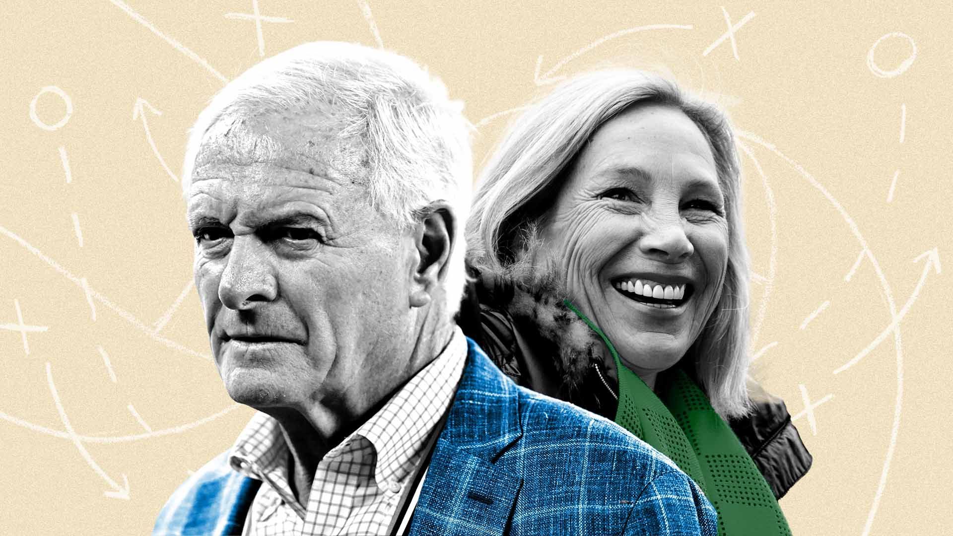 Photo illustration of Jimmy and Dee Haslam over a background of chalk-drawn basketball strategy markings