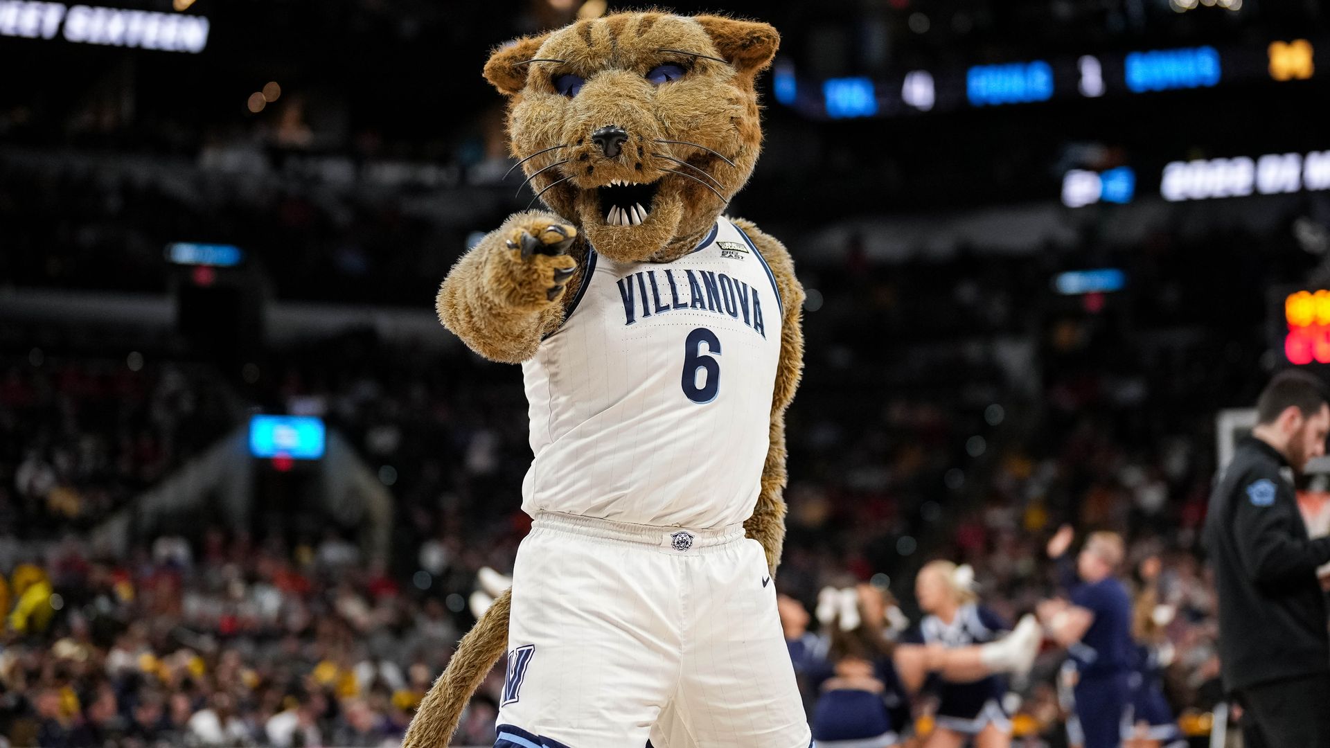 The Villanova Wildcat mascot performs during a timeout during the Sweet 16 round of the 2022 NCAA Mens Basketball Tournament held at AT&T Center on March 24, 2022 in San Antonio, Texas.