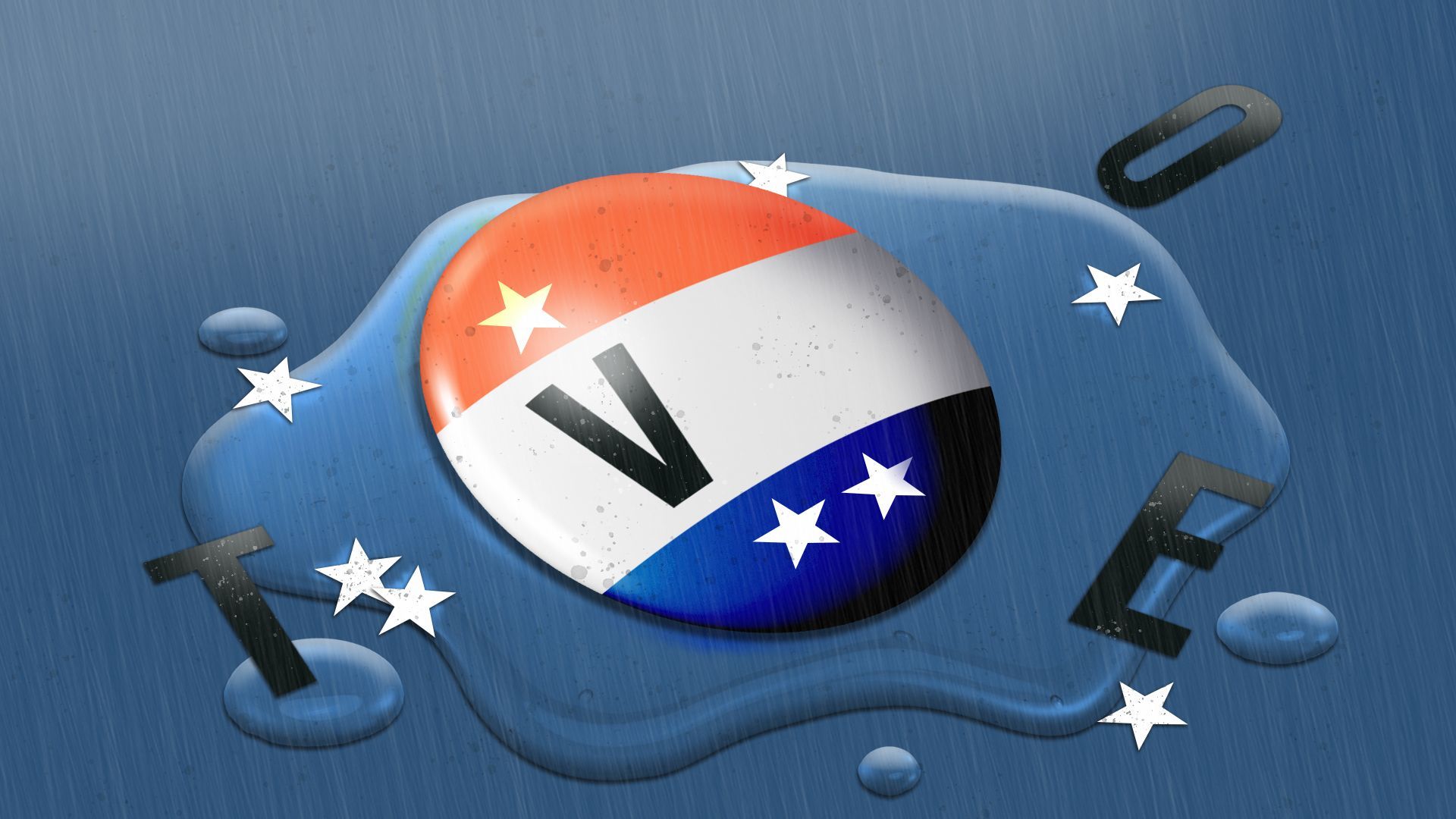 Illustration of a voting pin with elements falling off into a puddle of water