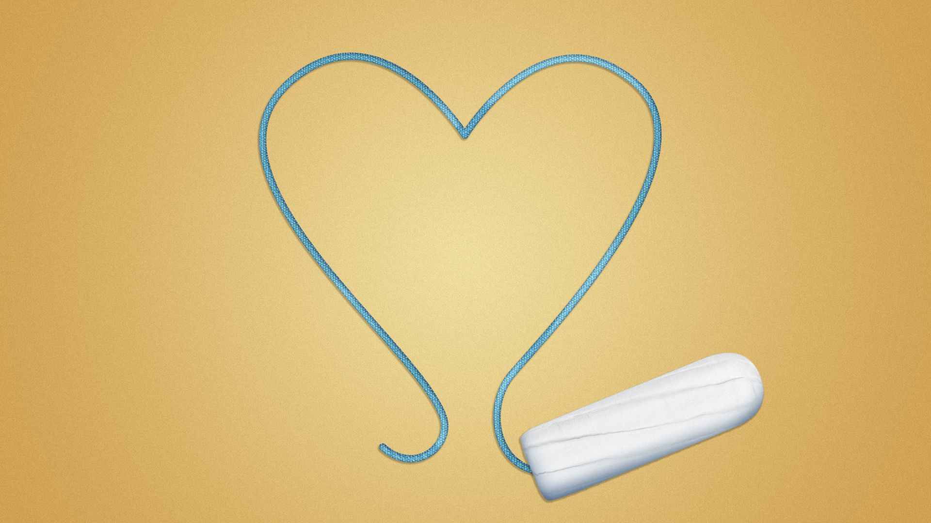 Illustration of a tampon with the string forming a heart shape. 