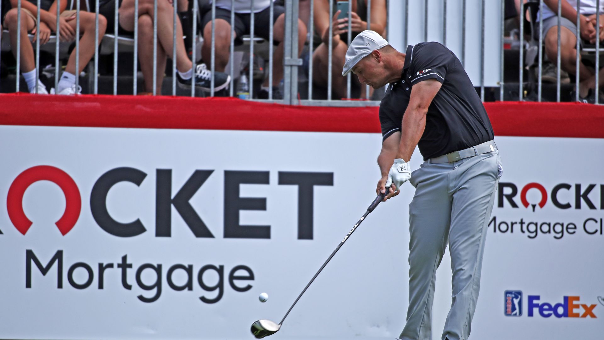 GA golfer Bryson DeChambeau hits his tee shot on the first hole on July 1, 2021 during the Rocket Mortgage Classic at the Detroit Golf Club in Detroit, Michigan.