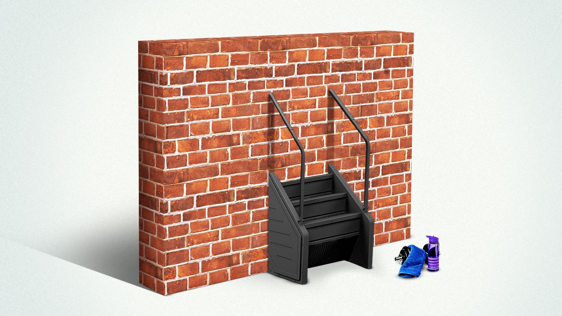 Illustration of a stairmaster leading up into a brick wall with a gym towel and water bottle off to the side abandoned. 