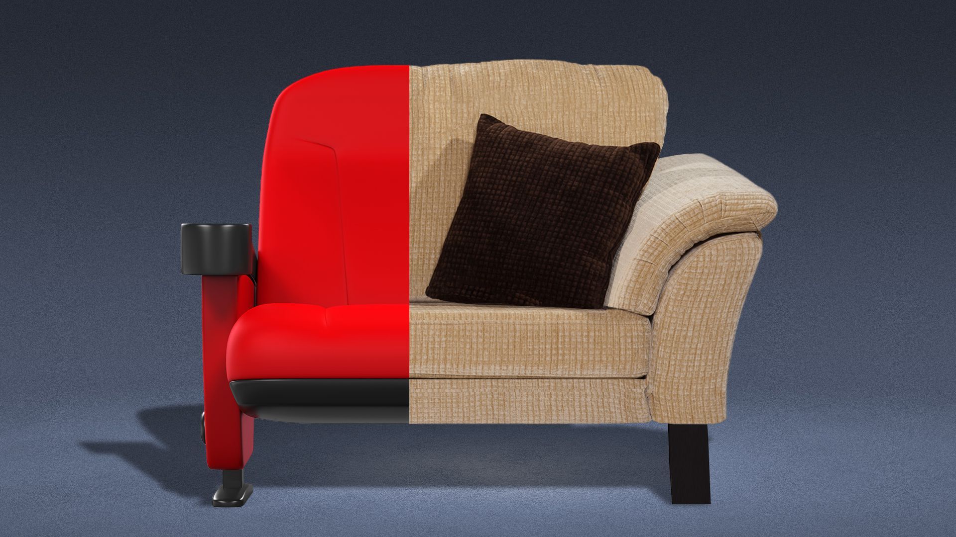 Illustration of a concert venue chair and a couch split in half and joined at the middle