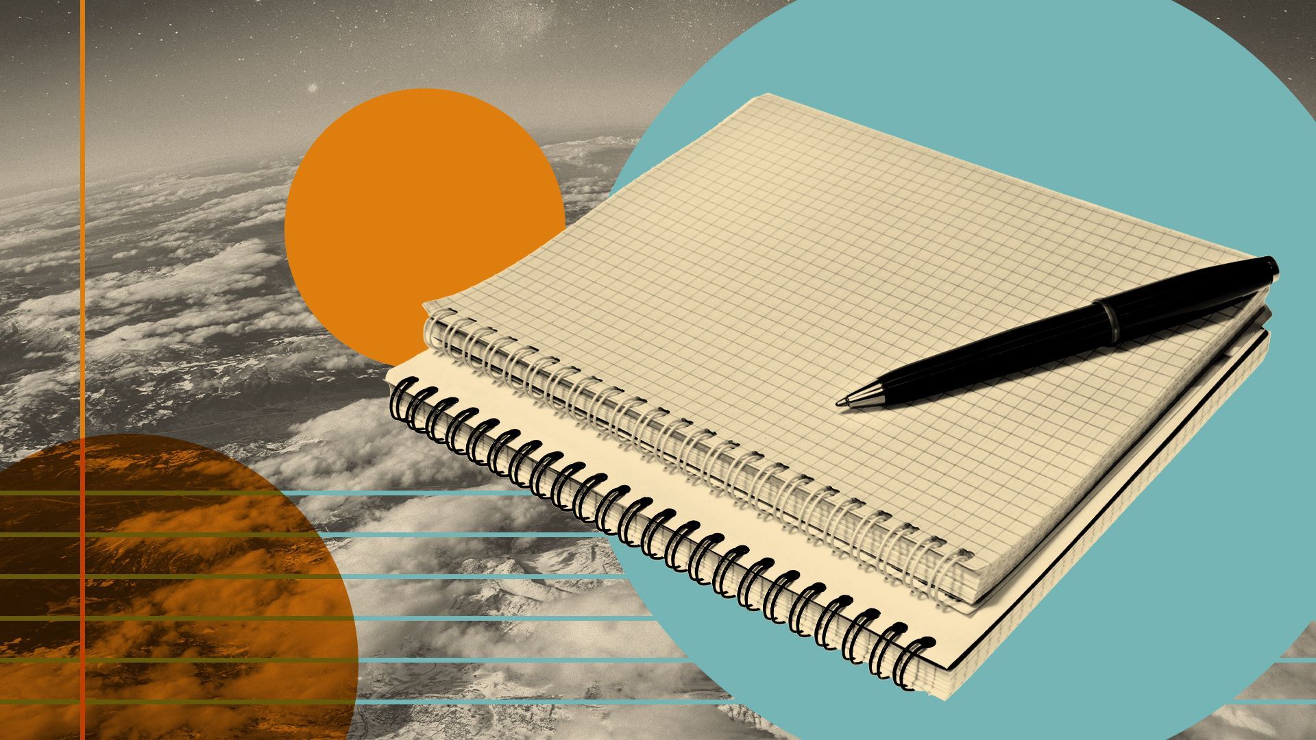 Illustration of a pen and notebook surrounded by abstract shapes and a photo of the Earth's atmosphere.