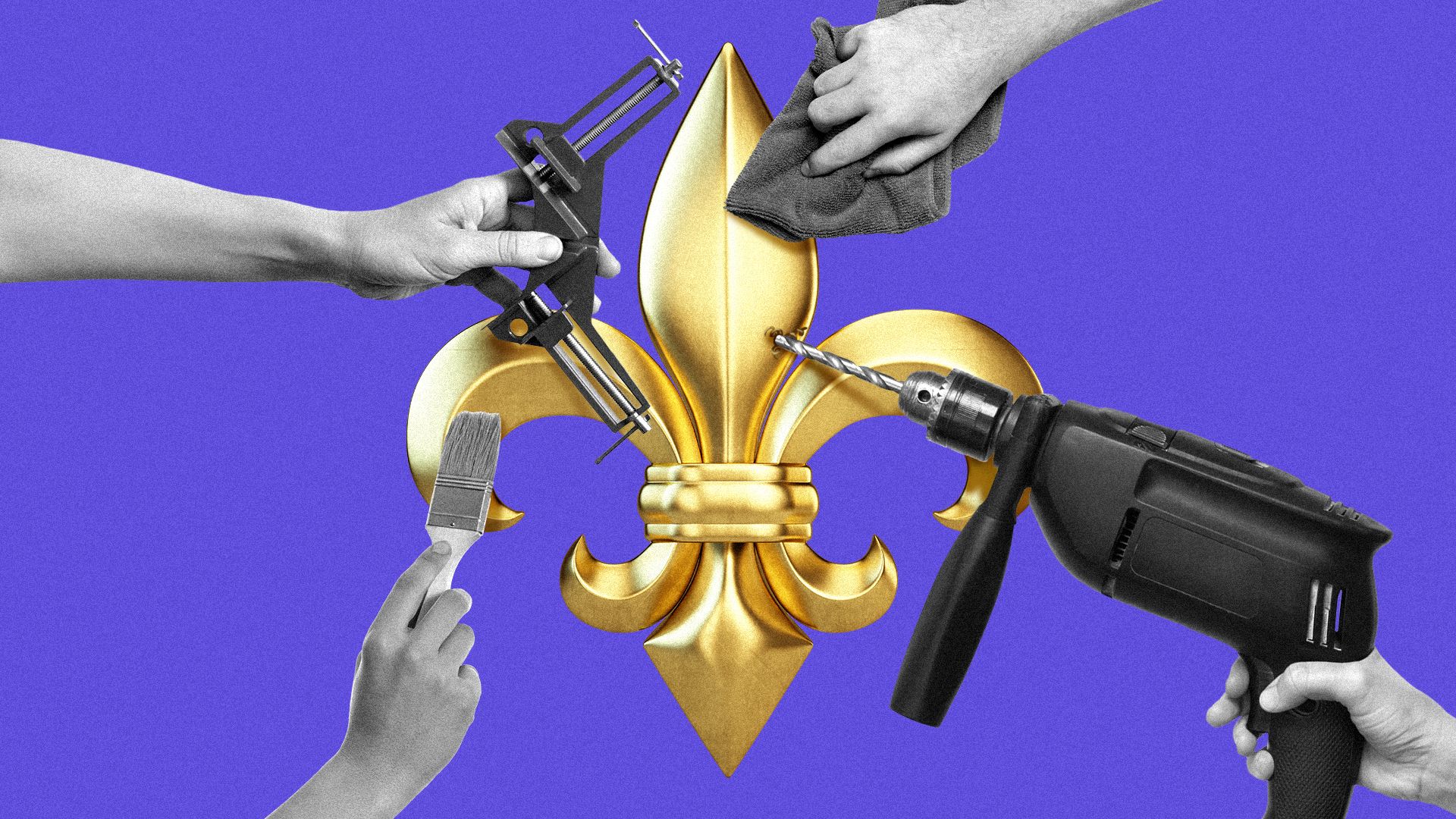 Illustration of a fleur de lis surrounded by hands holding a rag, a power tool, a paintbrush and a corner clamp.