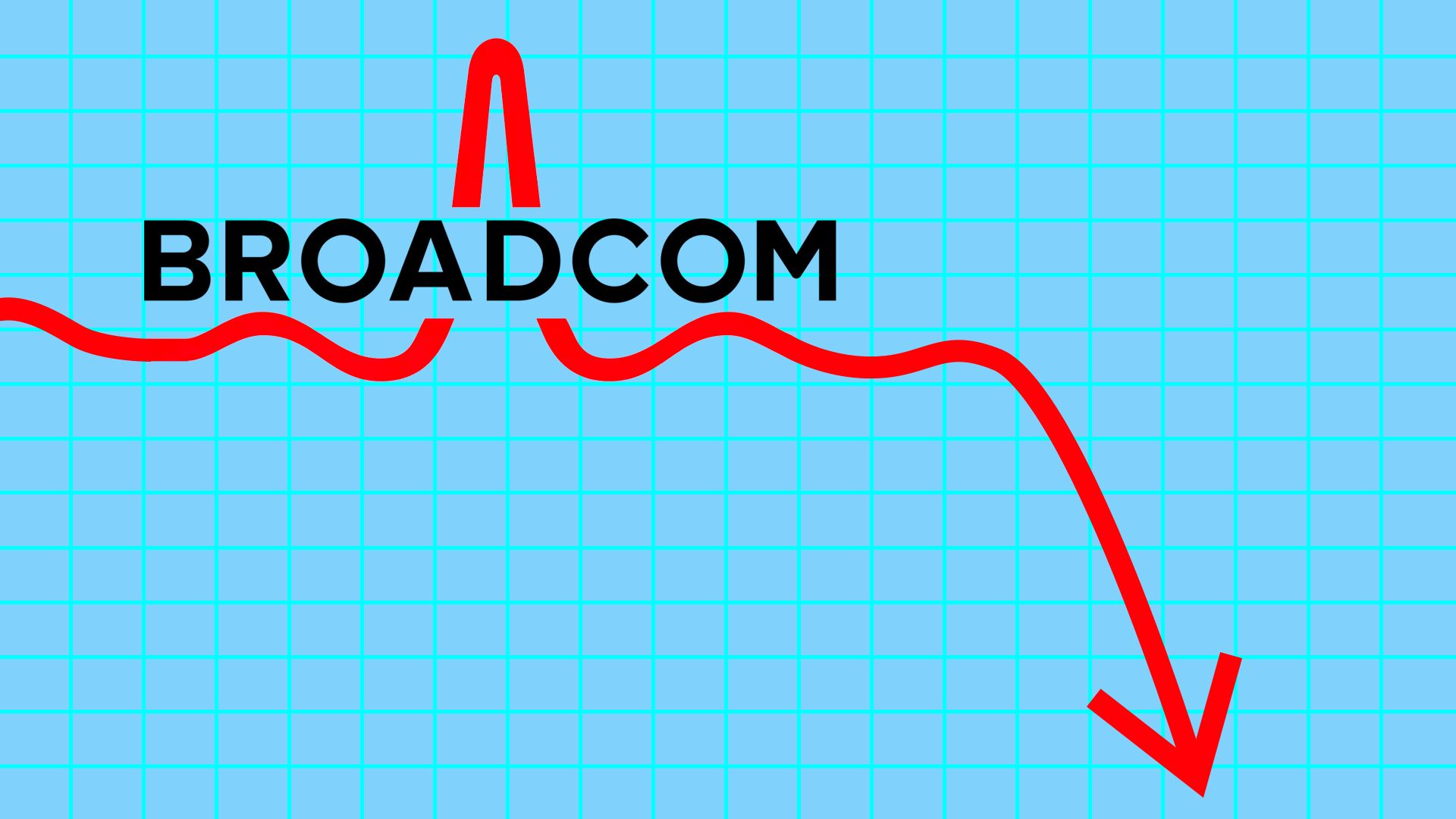 An illustration of Broadcom's logo with an arrow going down, a reference to its stock drop