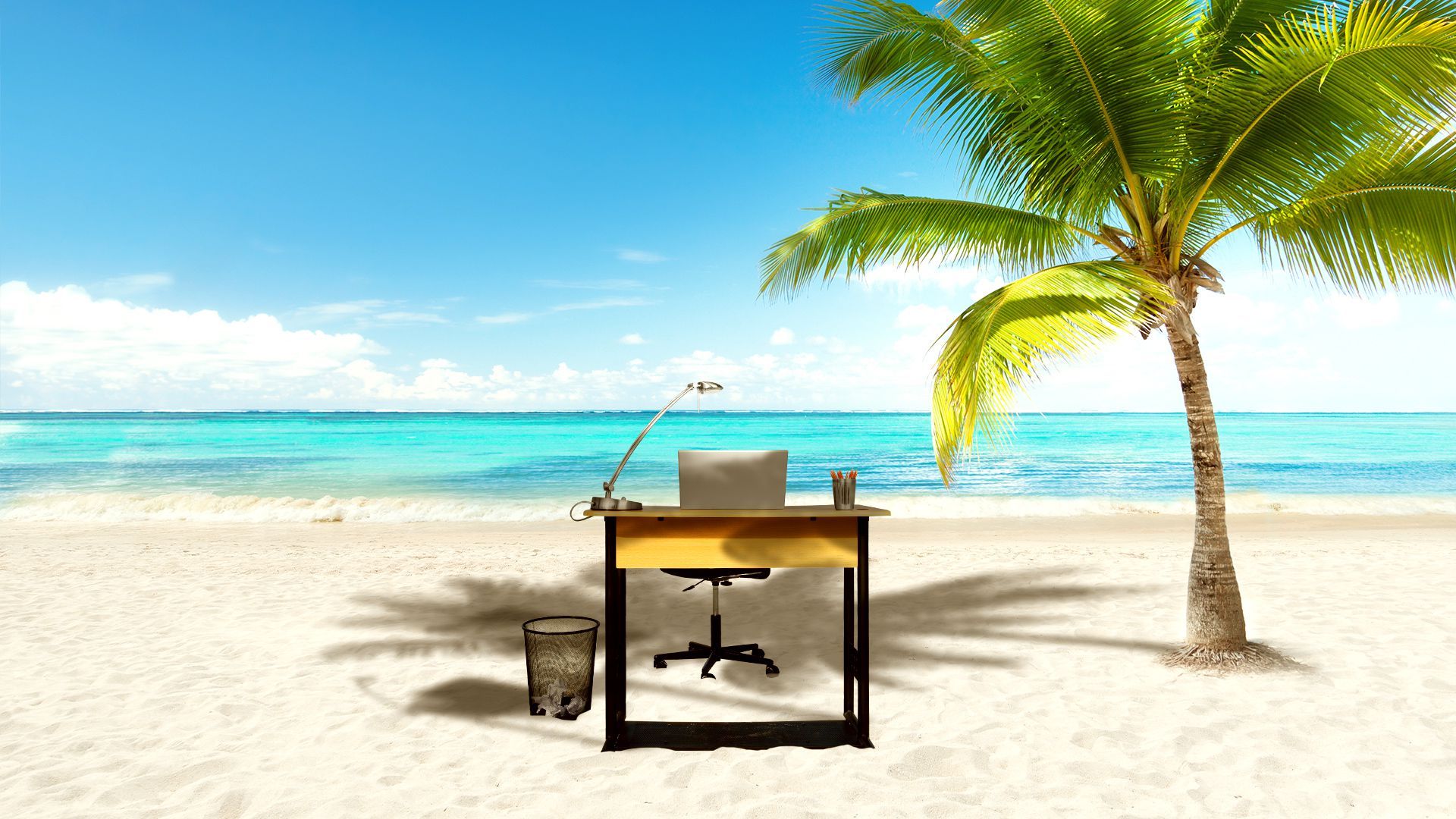 Illustration of a desk on a beach under a palm tree.