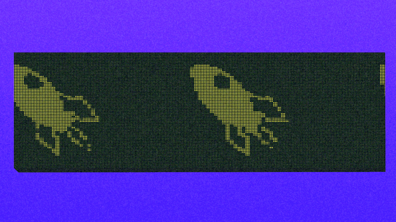 Animated illustration of a stock ticker screen with pixelated rocket emojis moving across it from right to left.